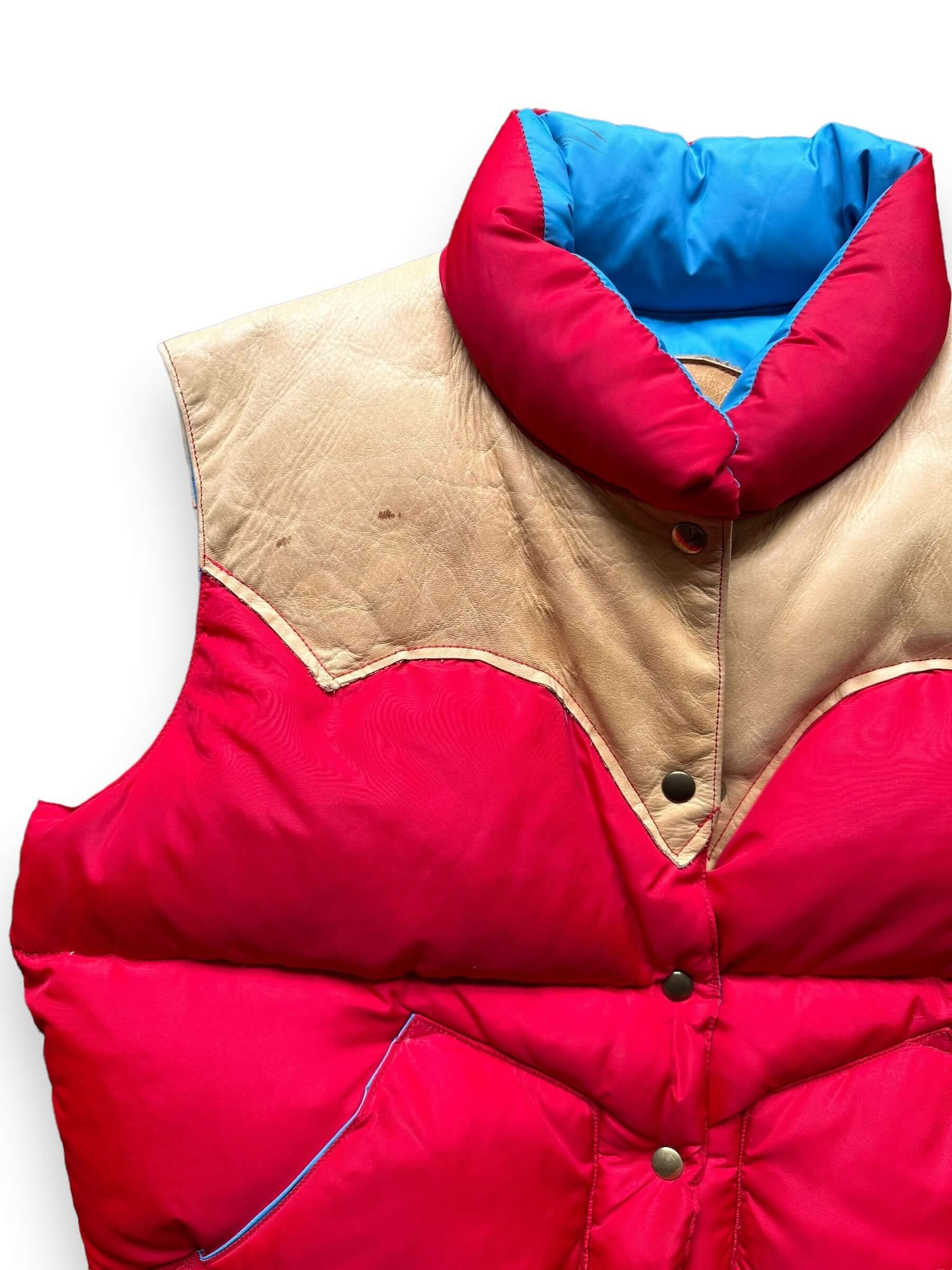 Small Stains on Right Leather Yoke of Vintage Rocky Mountain Featherbed Red/Blue Down Vest SZ L