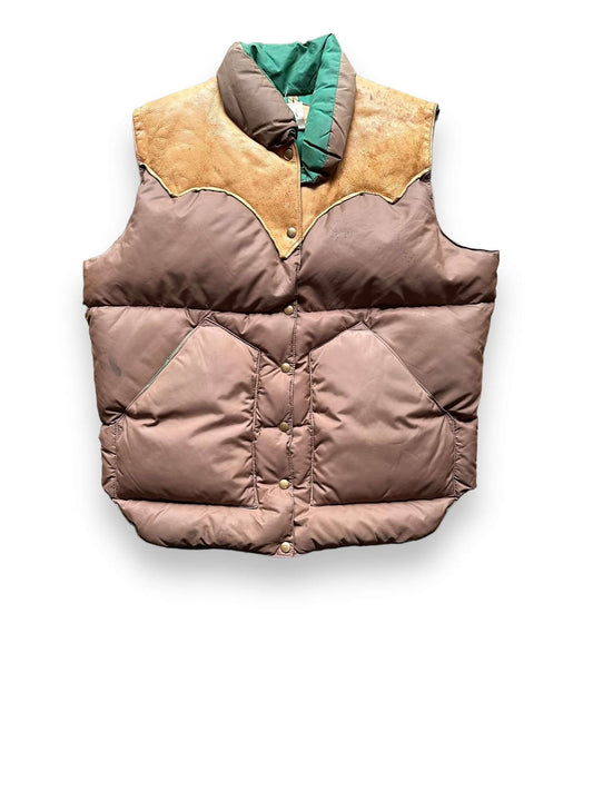 Front View of Vintage 70s Era Brown & Green Rocky Mountain Featherbed Down Vest SZ L