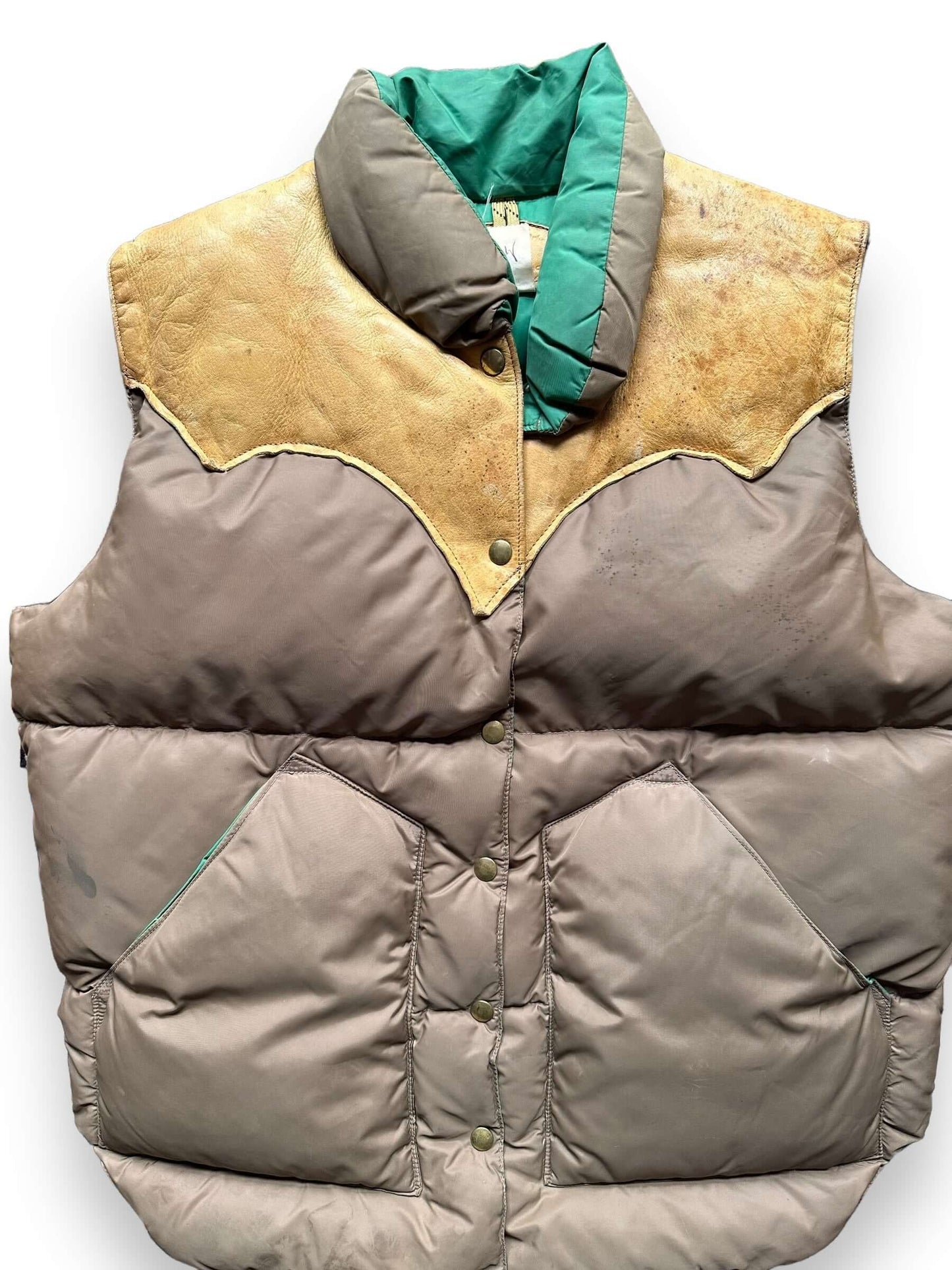 Front View Detail on Vintage 70s Era Brown & Green Rocky Mountain Featherbed Down Vest SZ L