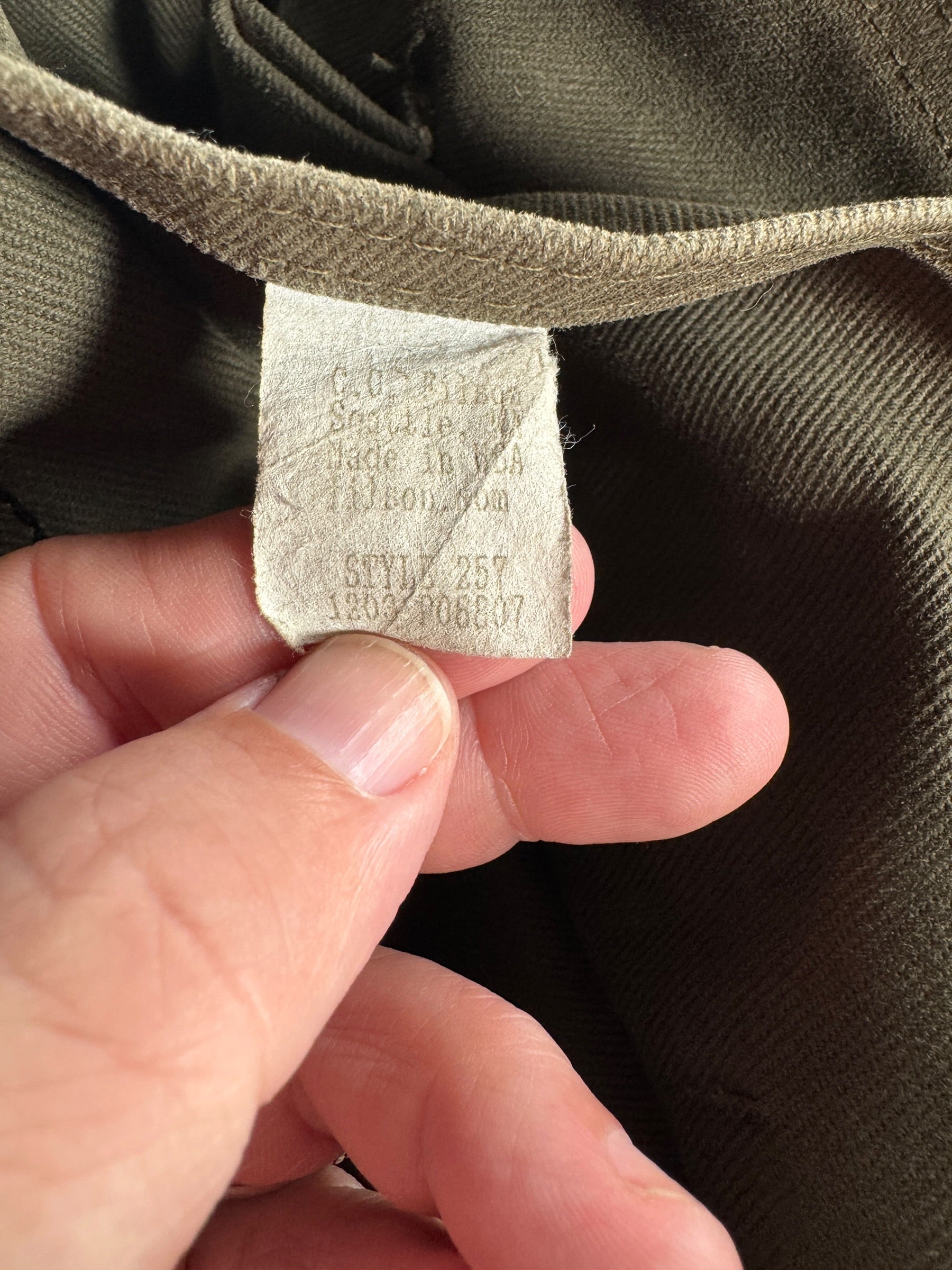 Production Tag on Filson Style 257 Computer Bag