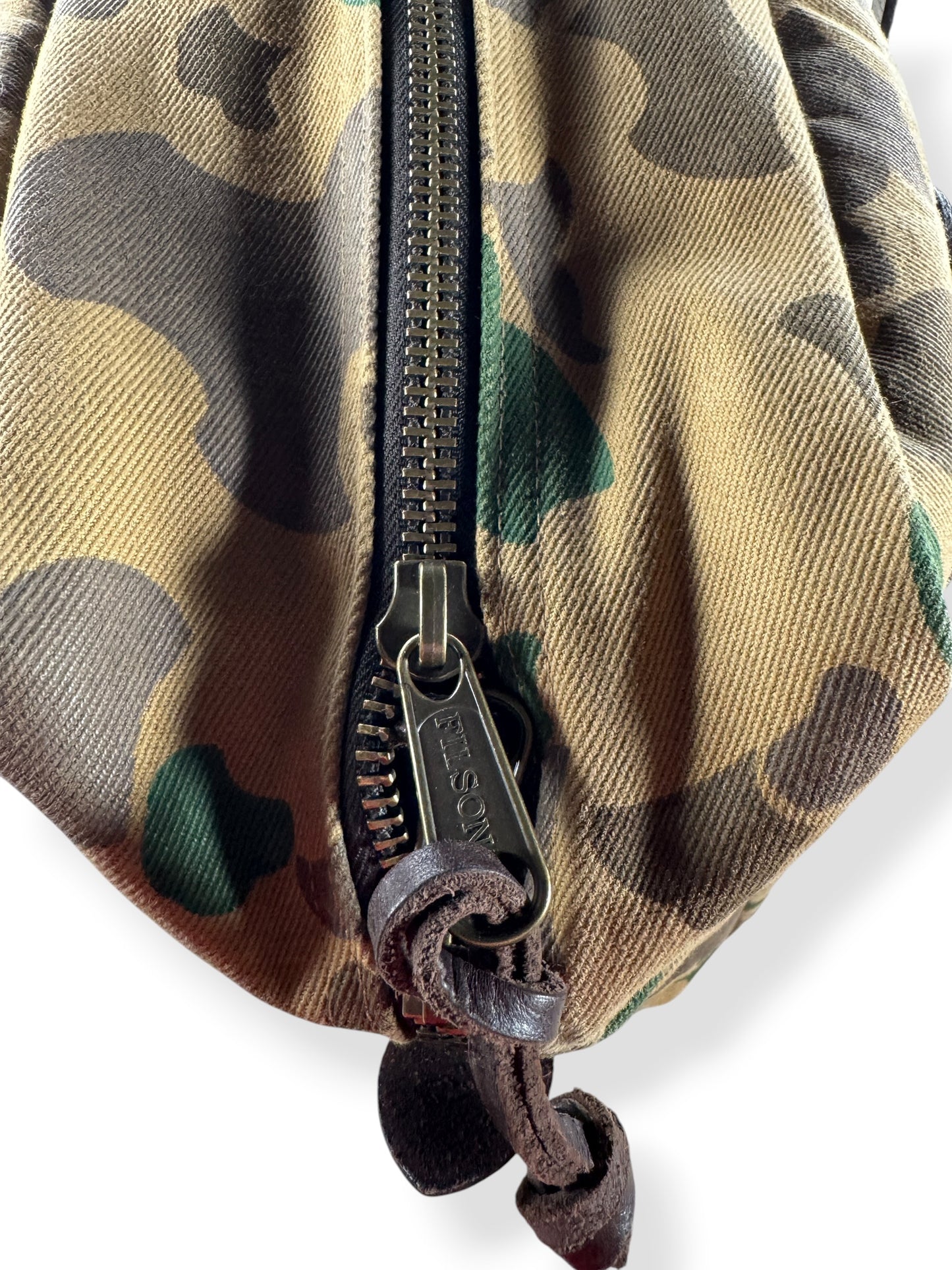 Filson Branded Zippers on Filson Limited Shrub Camo Zipper Tote Bag