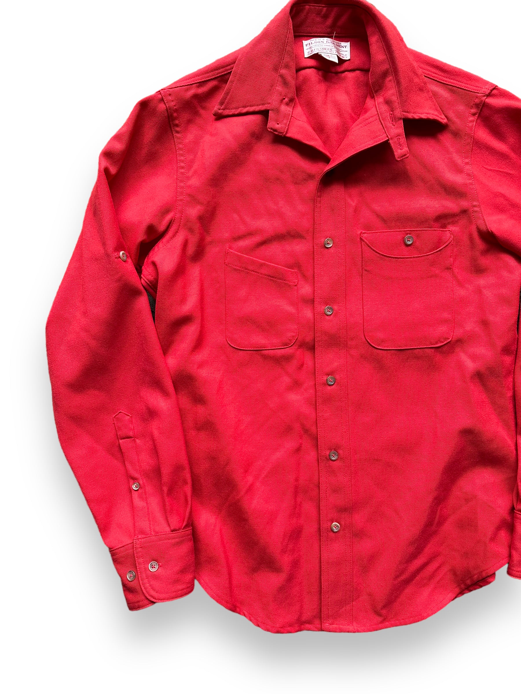 Front right of Filson Merino Wool Red Scout Shirt |  Barn Owl Vintage Goods | Vintage Filson Workwear Seattle