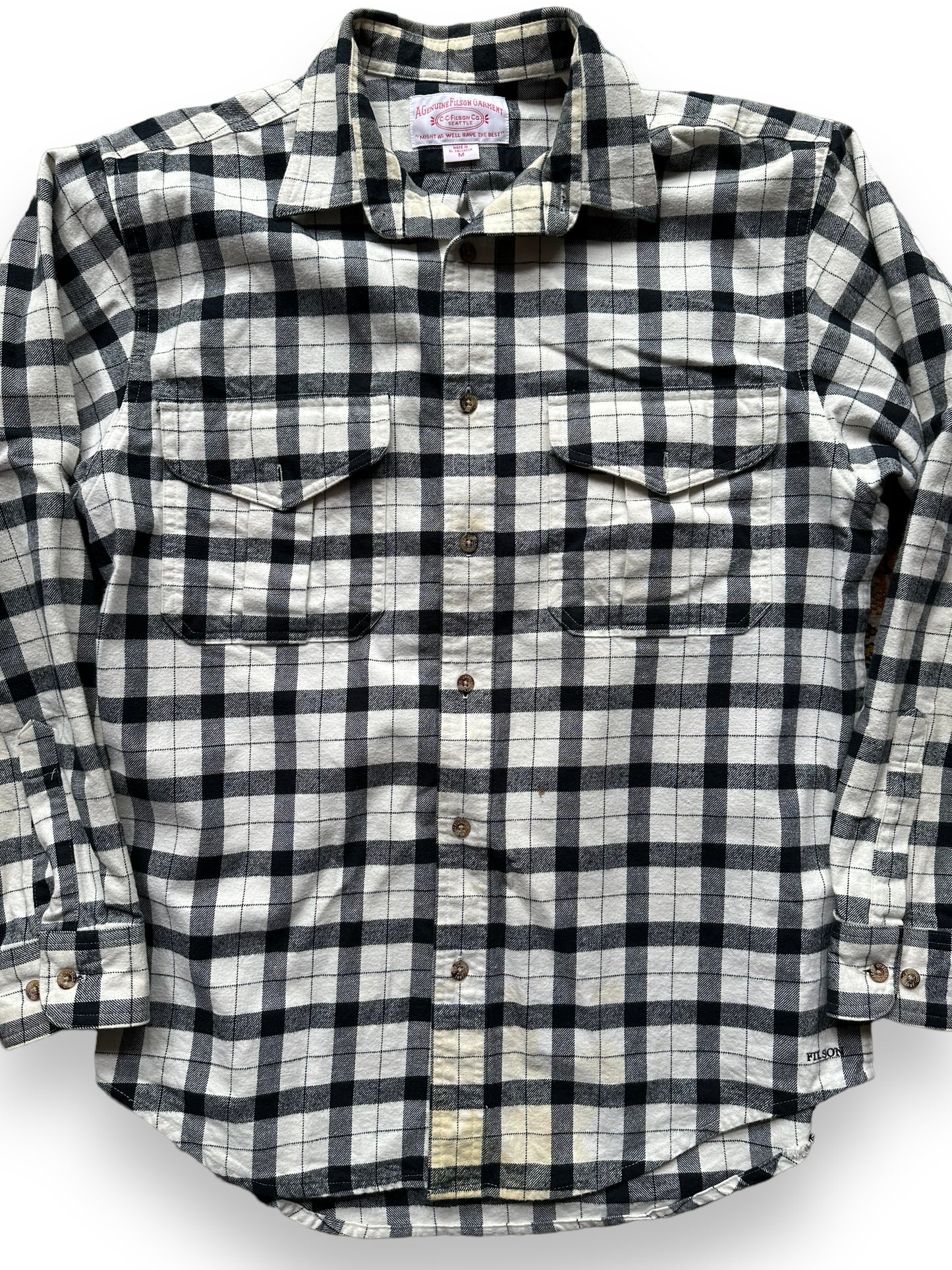 Front close up of Filson Black and White Guide Shirt |  Barn Owl Vintage Goods | Vintage Filson Workwear Seattle