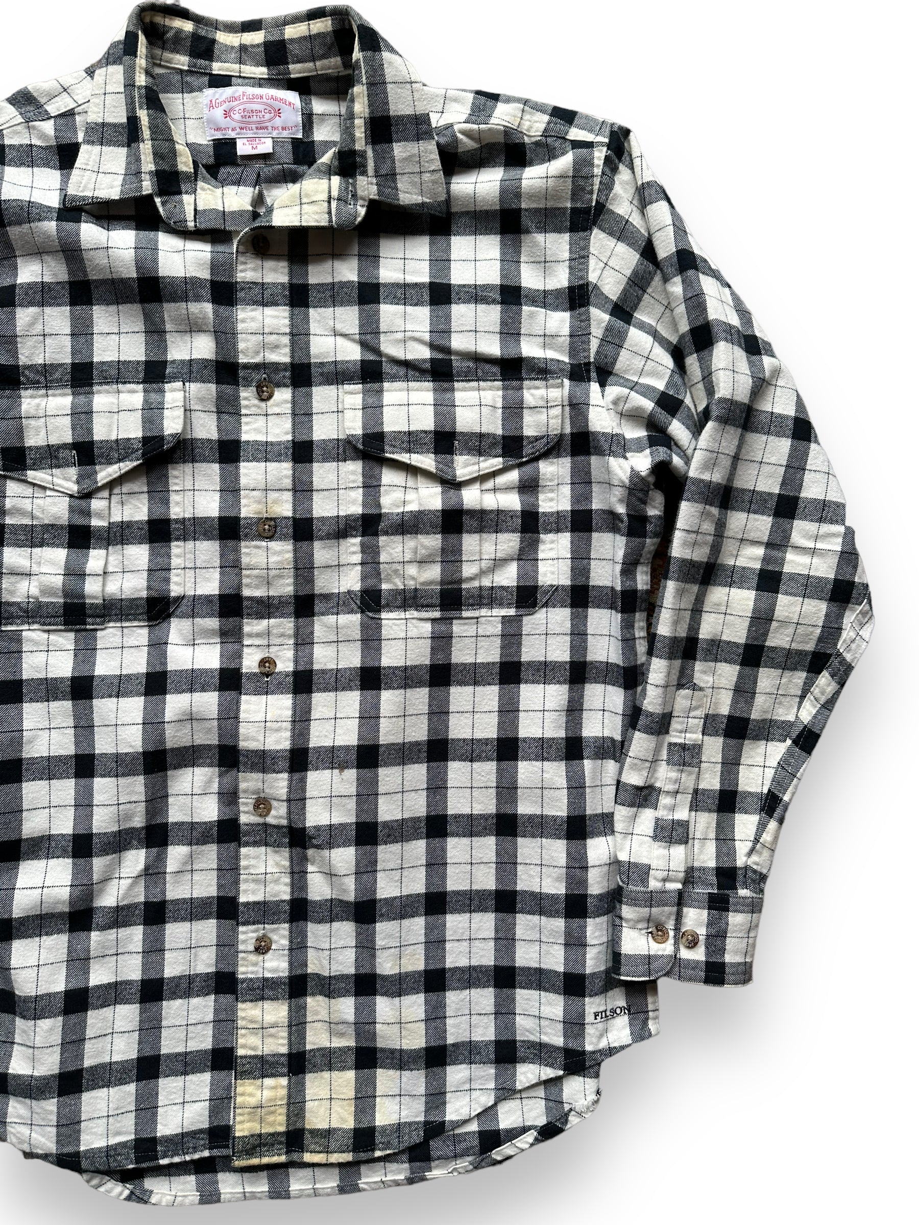 Front left of Filson Black and White Guide Shirt |  Barn Owl Vintage Goods | Vintage Filson Workwear Seattle