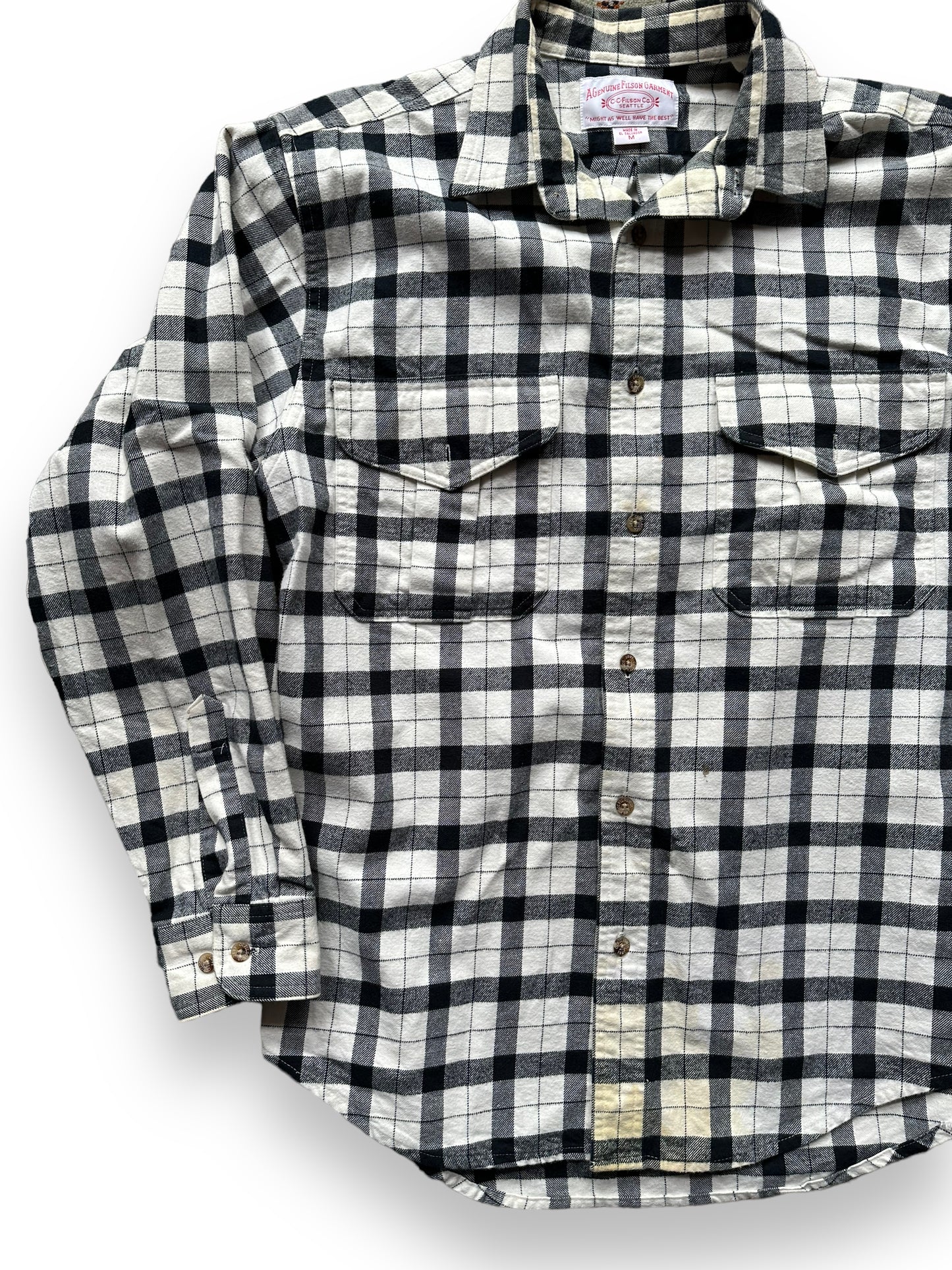 Front right of Filson Black and White Guide Shirt |  Barn Owl Vintage Goods | Vintage Filson Workwear Seattle