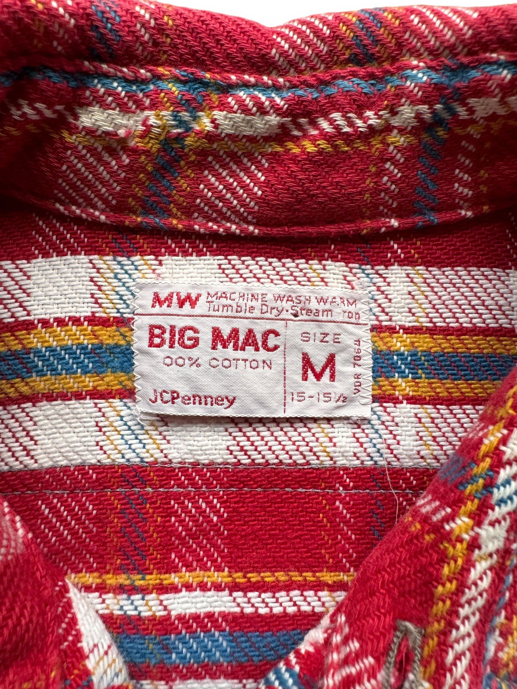 tag on Vintage Big Mac Red/Yellow/Blue Cotton Flannel SZ M