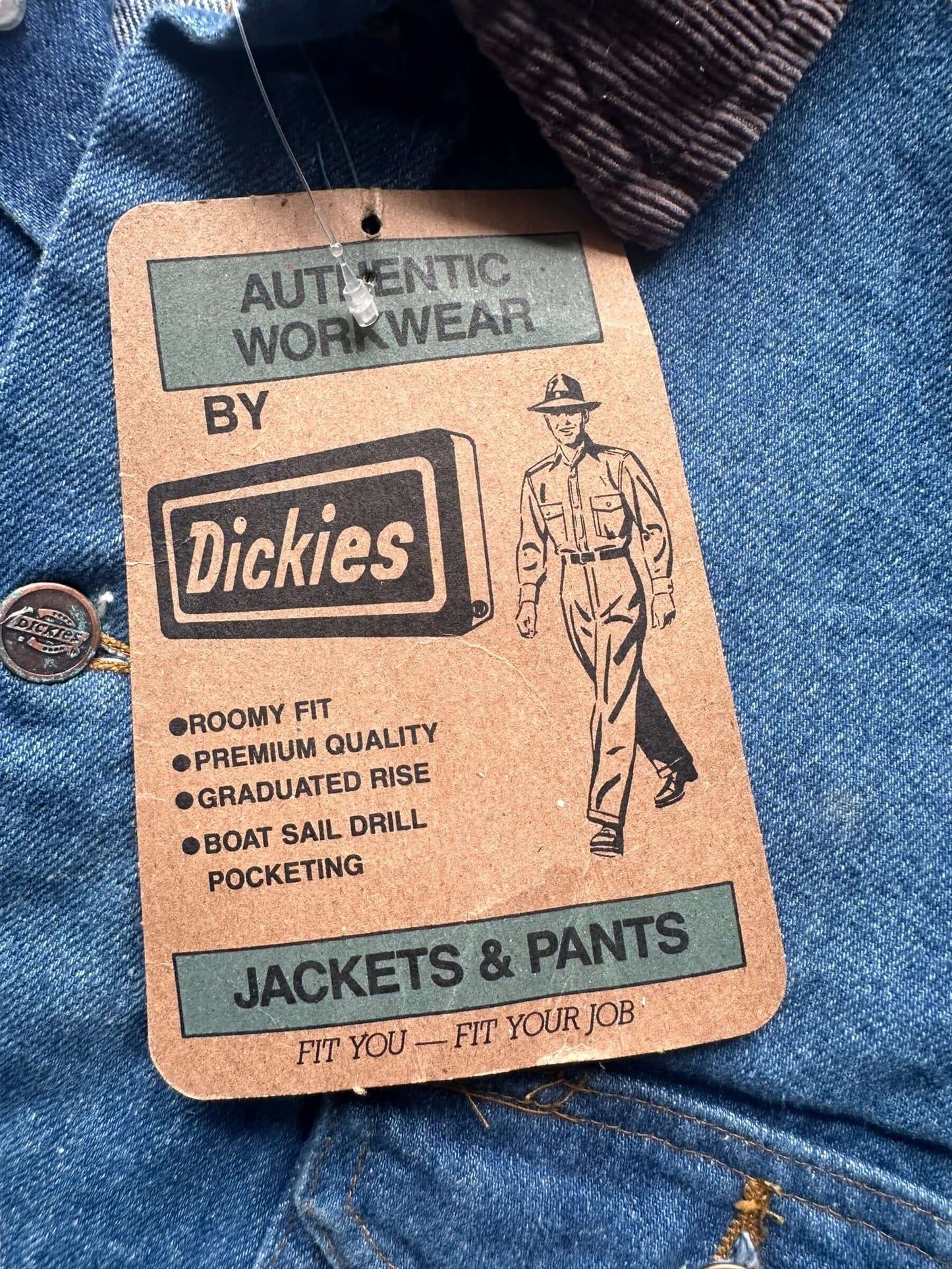 tag on Vintage Deadstock Dickies Denim Chore Coat SZ M