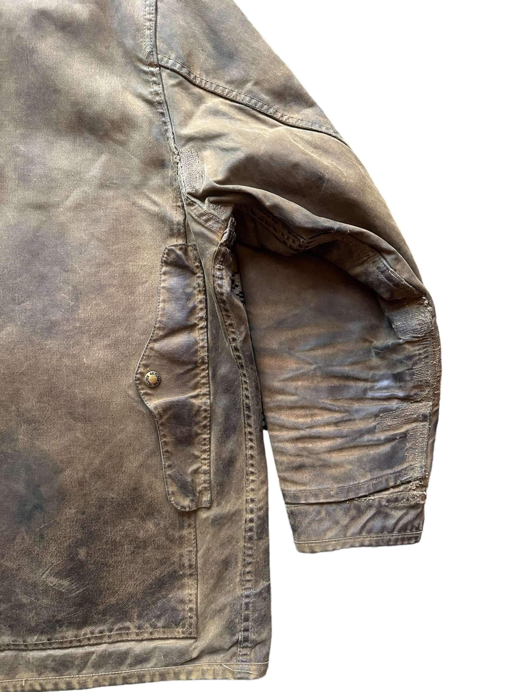 Rear Right ARM VIEW OF Distressed & Repaired Filson Tin Cloth Cruiser Size XL