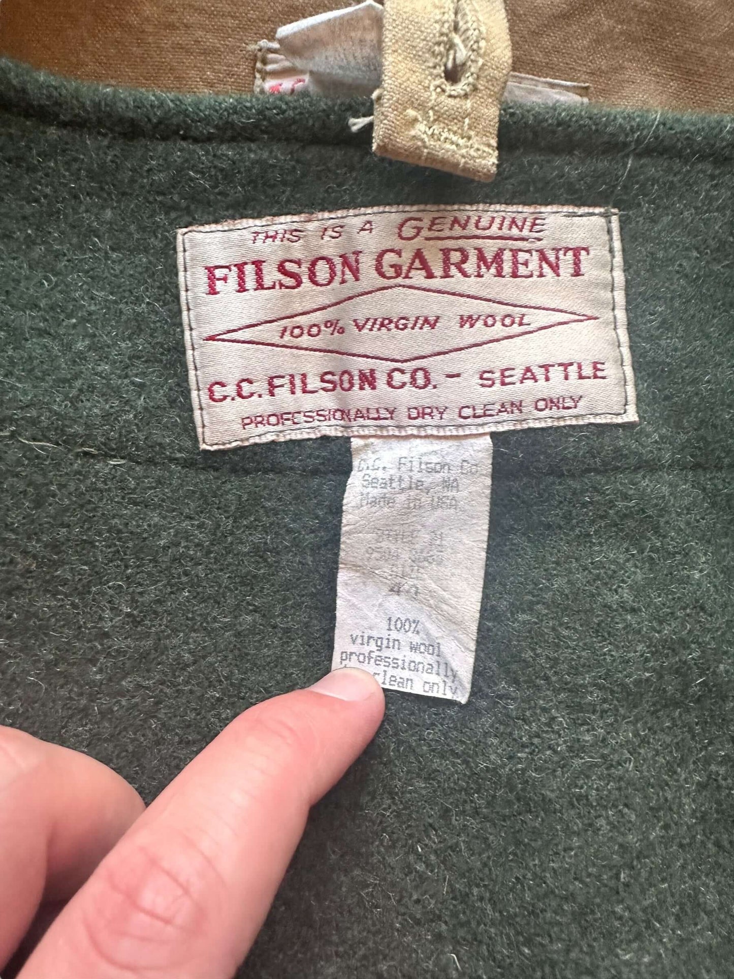 Wool Liner Tag View of Vintage 90s Era Filson Tin Cloth Packer Coat w/ Liner SZ 44