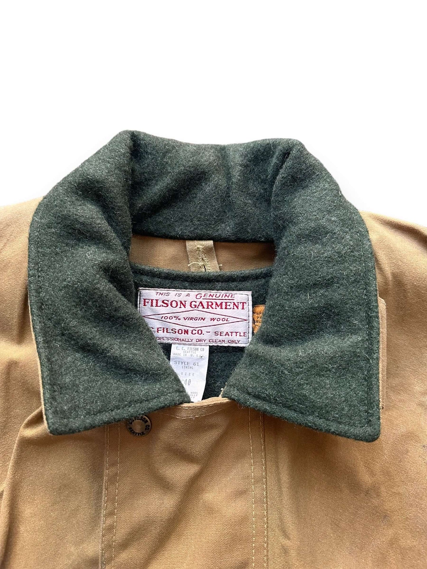 Collar View of Vintage Filson Tin Cloth Packer Jacket w/ Liner SZ 40