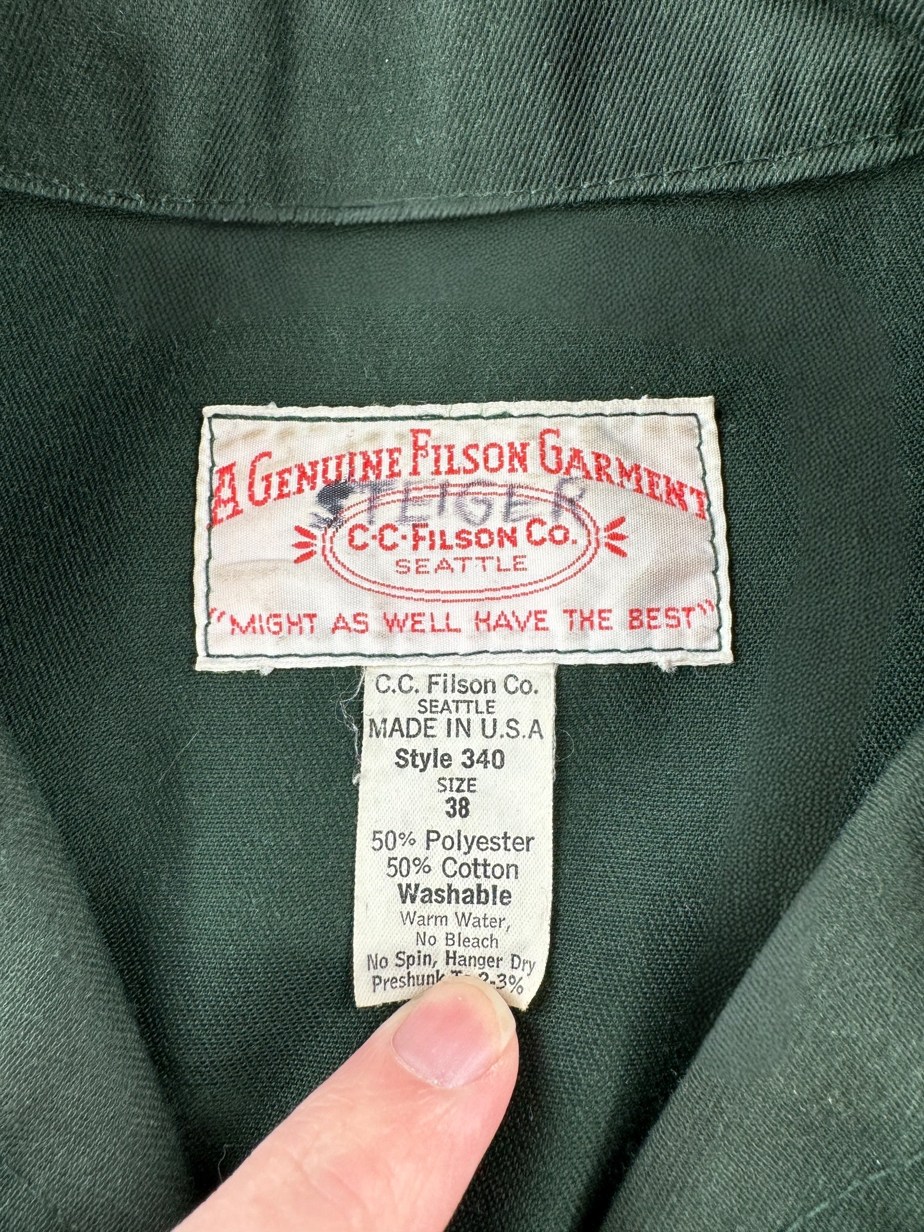 Tag View of Vintage Filson Cotton/Poly Forestry Cruiser SZ 38
