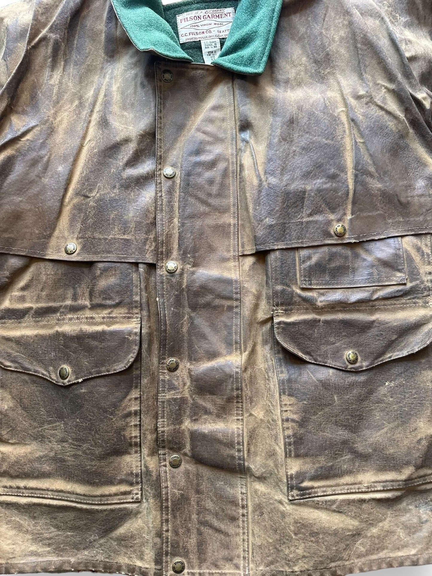 Close Up of Front on Vintage Filson Tin Cloth Packer Jacket w/ Liner SZ 42