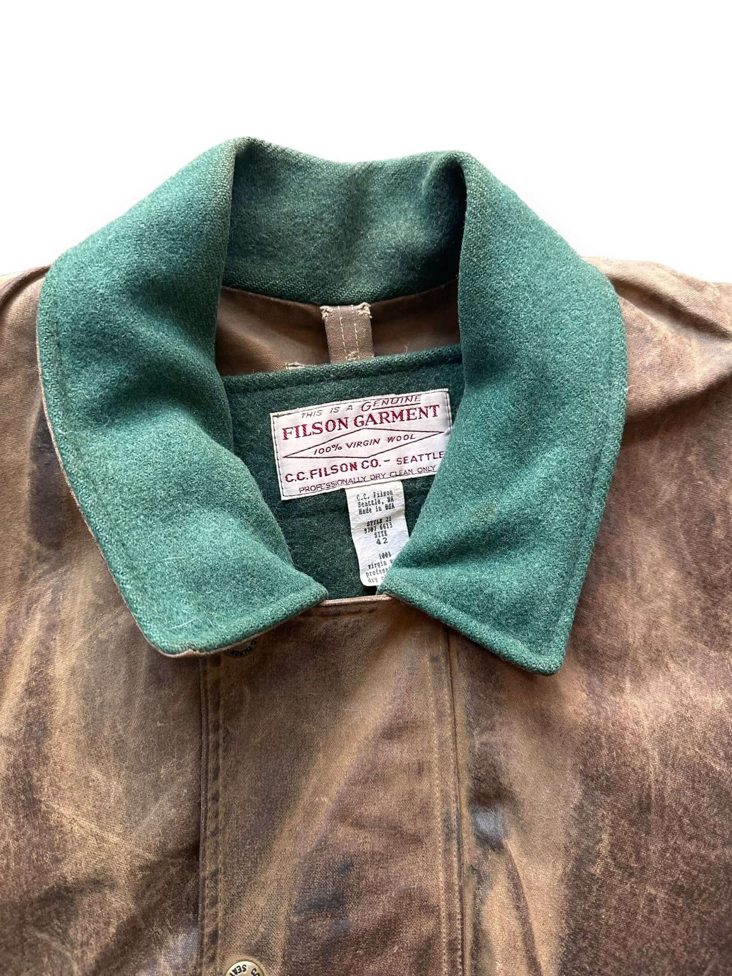 Collar View of Vintage Filson Tin Cloth Packer Jacket w/ Liner SZ 42