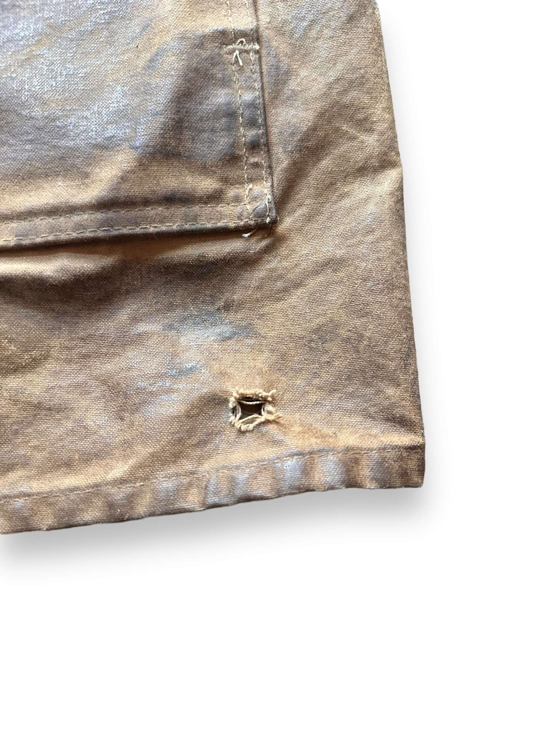 Small Hole in Front Left Corner View on Vintage Filson Tin Cloth Packer Jacket w/ Liner SZ 42