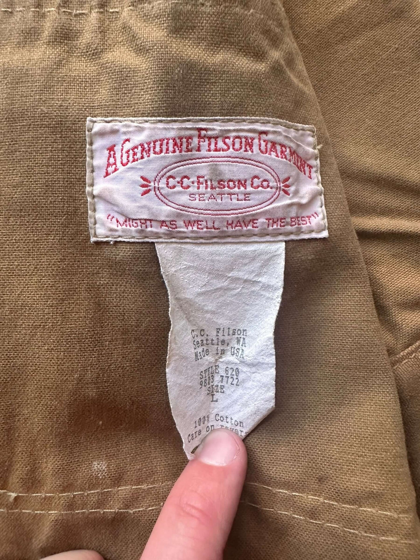 Production Tag View of Vintage Filson Tin Cloth Jacket SZ L