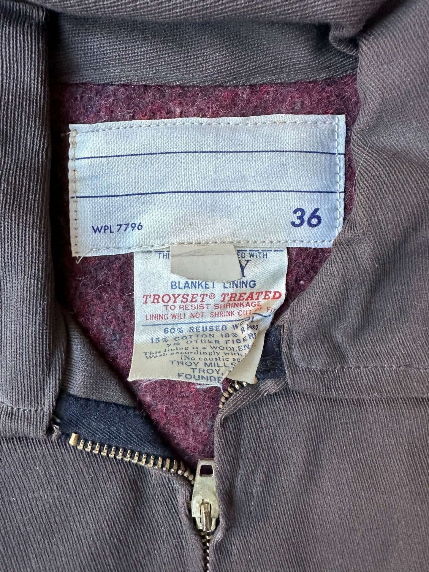 tag on Vintage Brown Troyset Blanket Lined Gas Station Jacket SZ 36