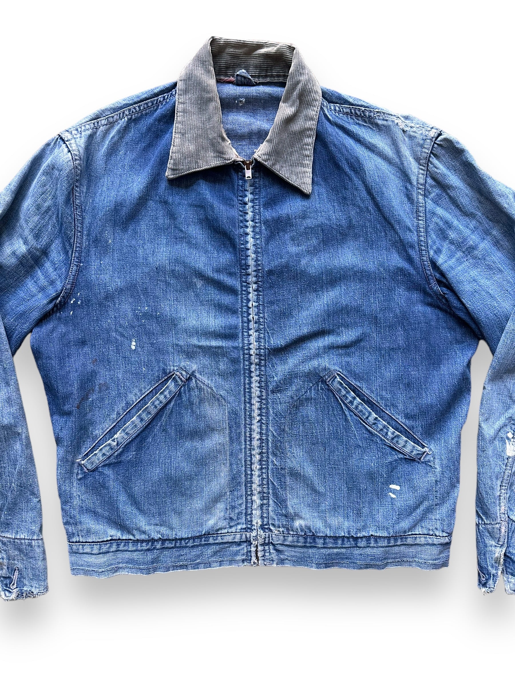 front close up of Vintage Denim Zip Up Corduroy Collar Work Jacket SZ 42