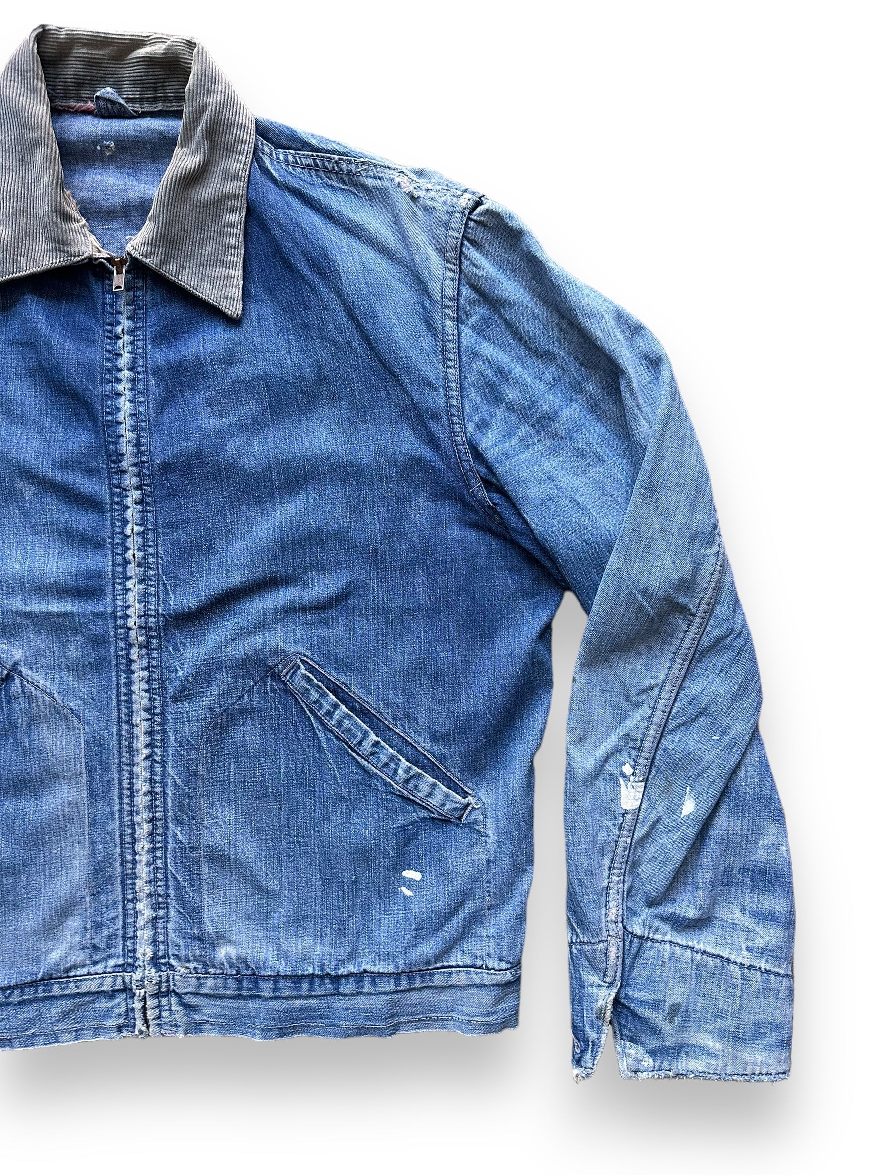 front left of Vintage Denim Zip Up Corduroy Collar Work Jacket SZ 42