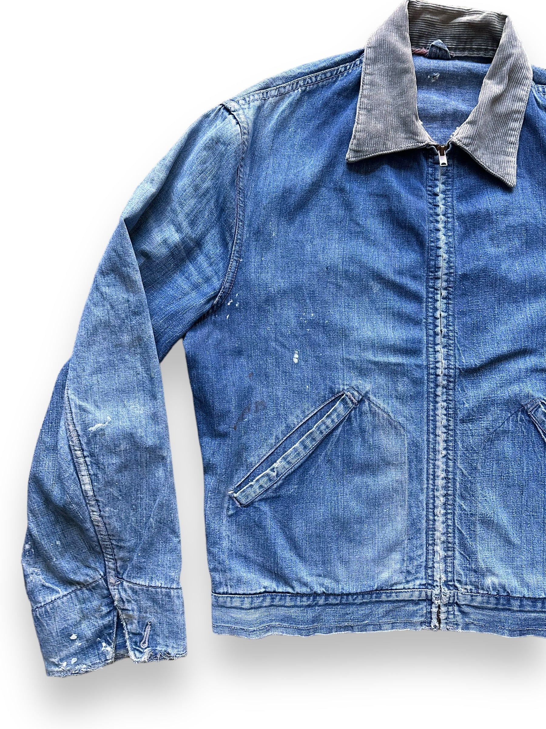 front right of Vintage Denim Zip Up Corduroy Collar Work Jacket SZ 42