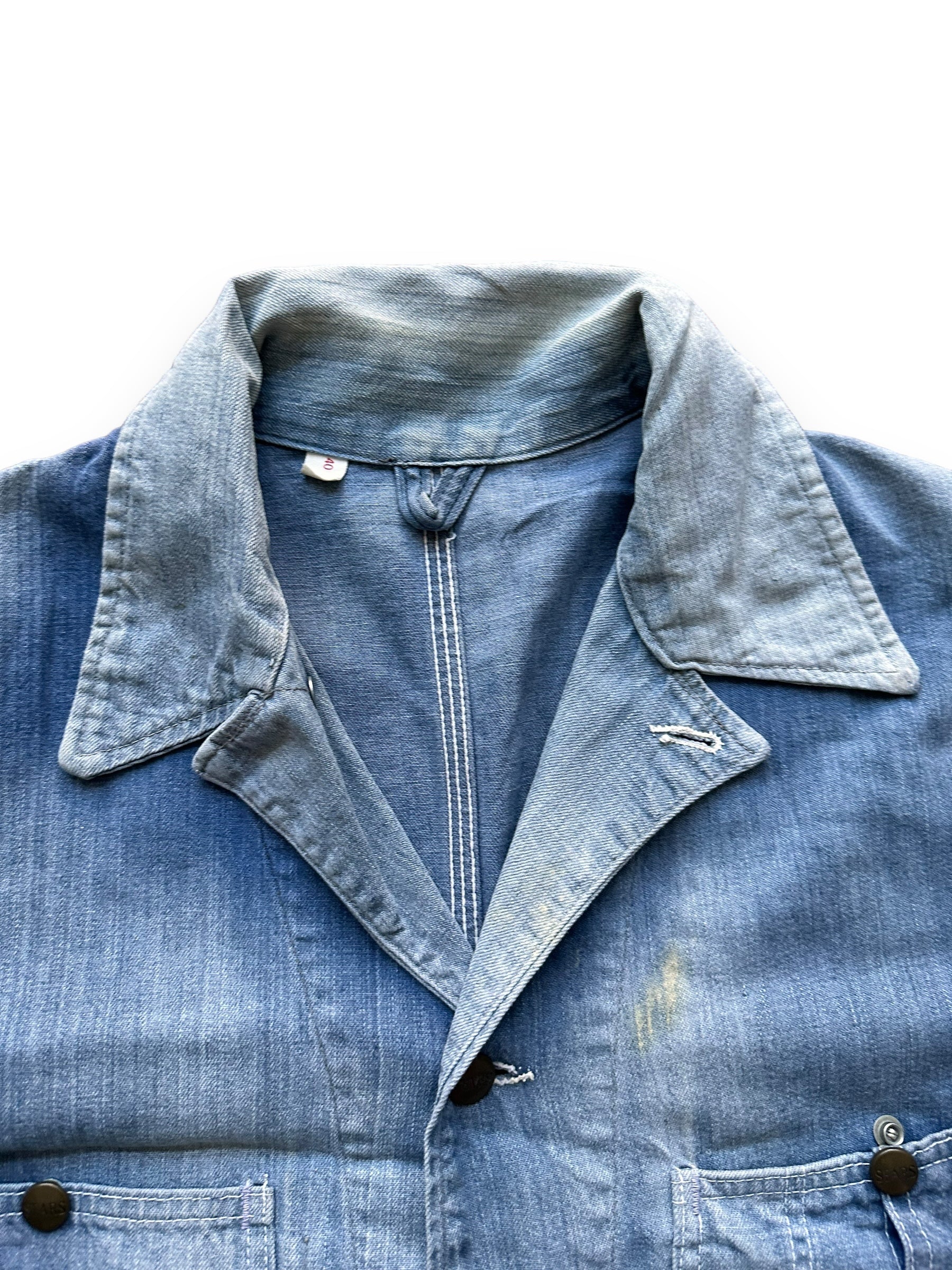 collar on Vintage Sunfaded Sears Denim Chore Coat SZ 40