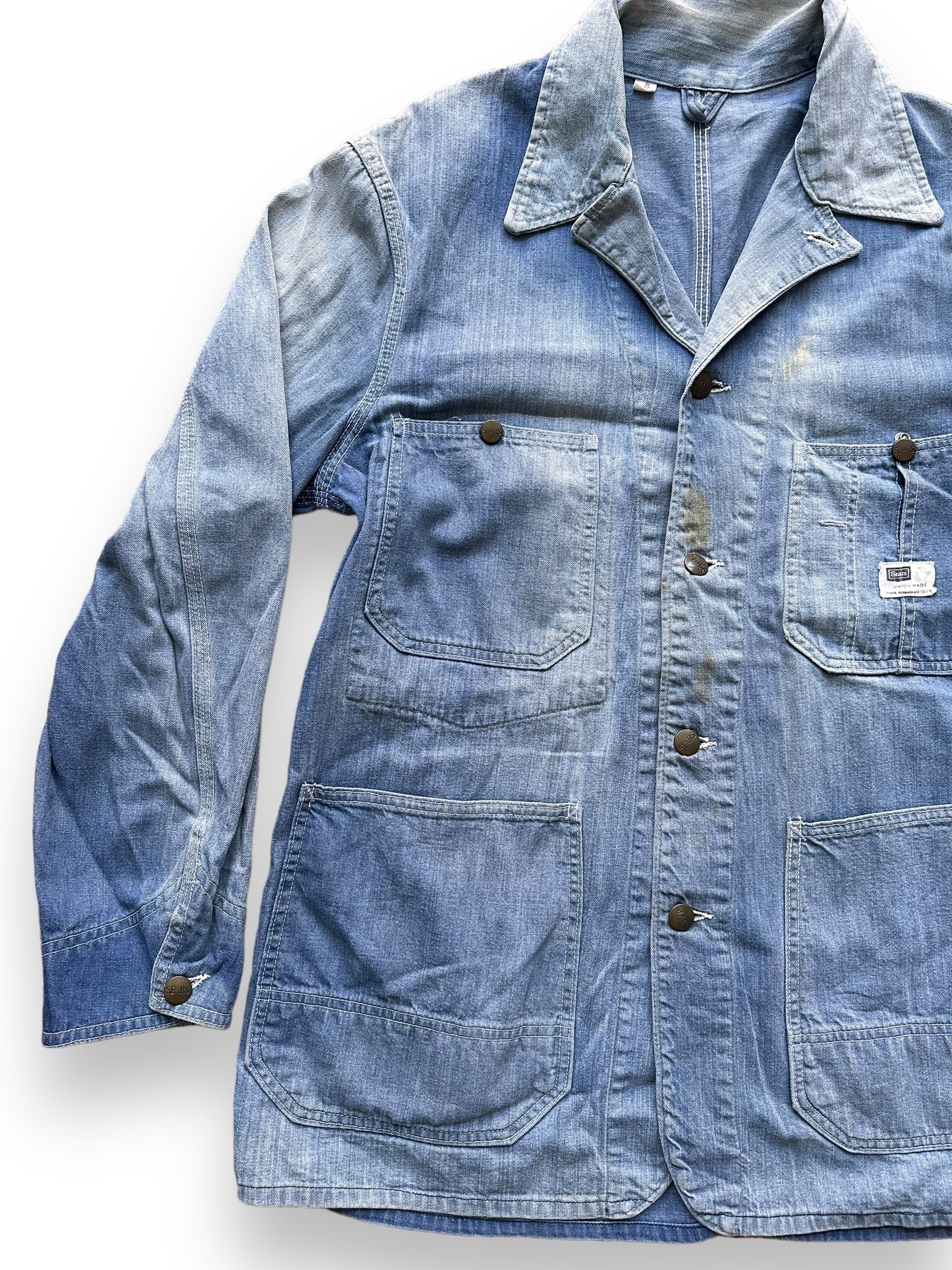 front right of Vintage Sunfaded Sears Denim Chore Coat SZ 40