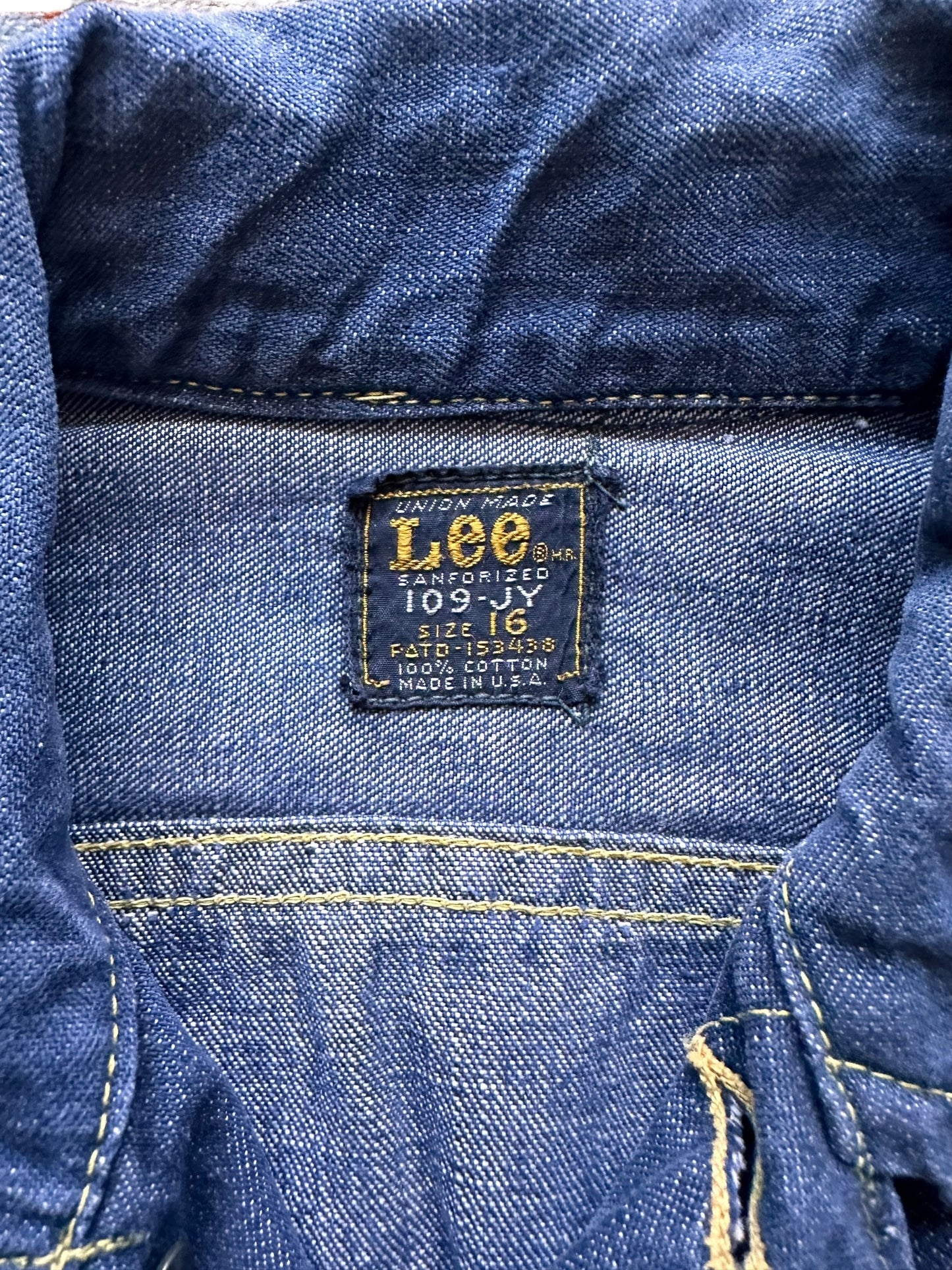 tag on Vintage Lee 109-JY Youth Denim Jacket SZ 16