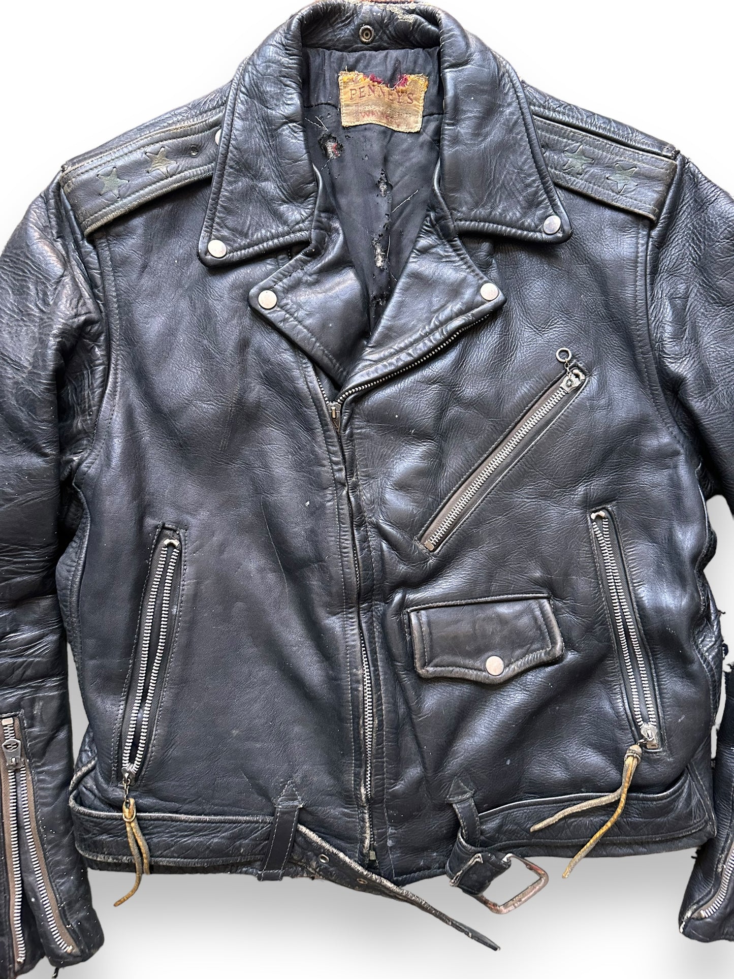 front close up of Vintage 50's Era Penneys Leather Jacket SZ 40