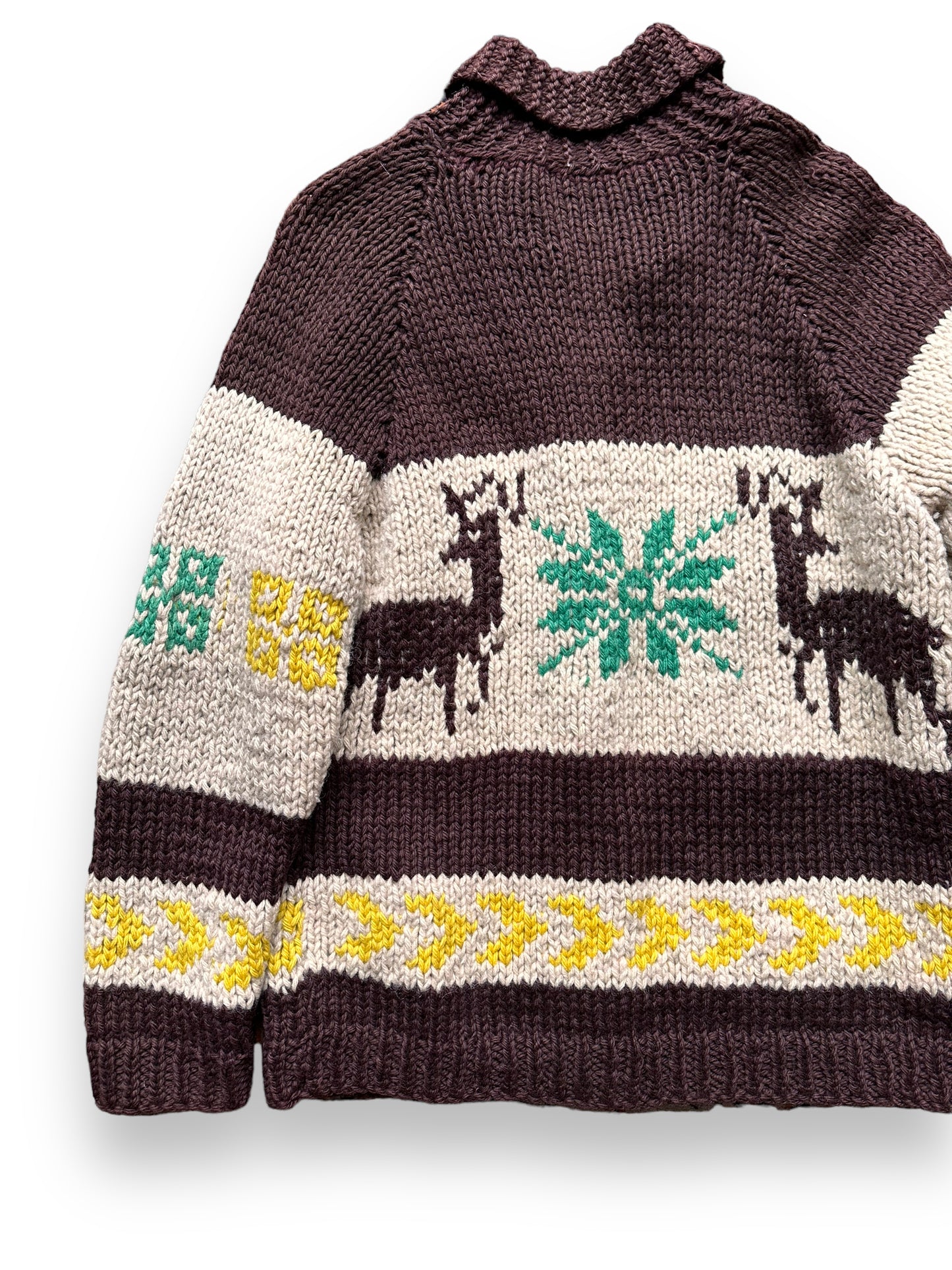 back left of Vintage Deer Motif Wool Cowichan SZ L |  Vintage Cowichan Sweaters Seattle | Barn Owl Vintage Seattle