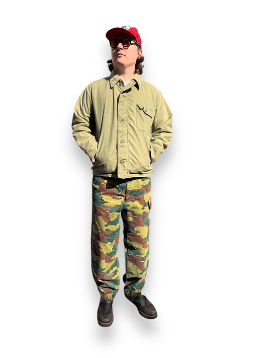 Front On Body View of Vintage Belgian Jigsaw Camo Trousers SZ L