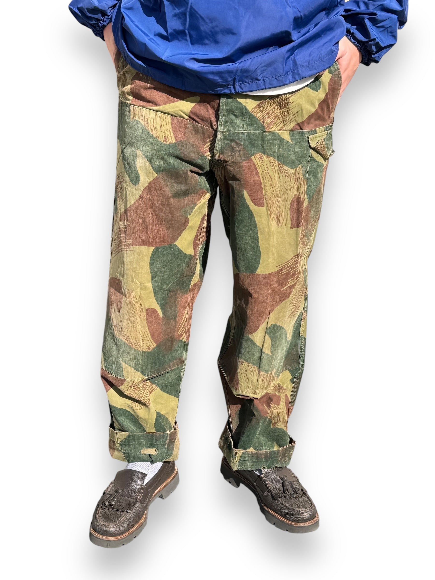 Front On Body View of Vintage Belgian Brushstroke Camo Trousers SZ L