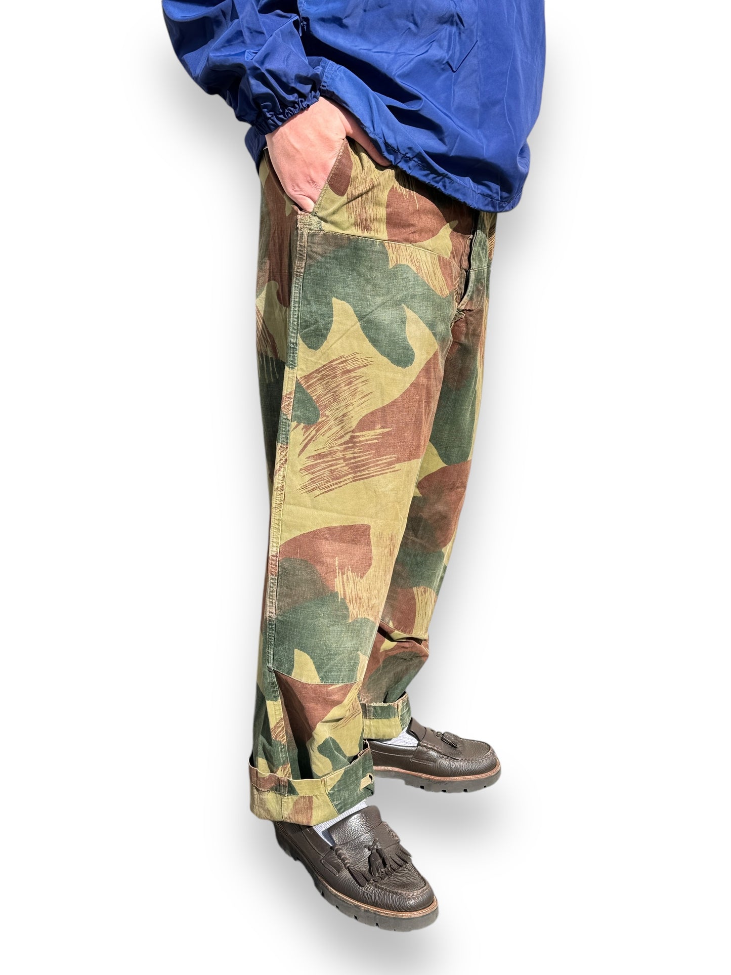 Side On Body View of Vintage Belgian Brushstroke Camo Trousers SZ L