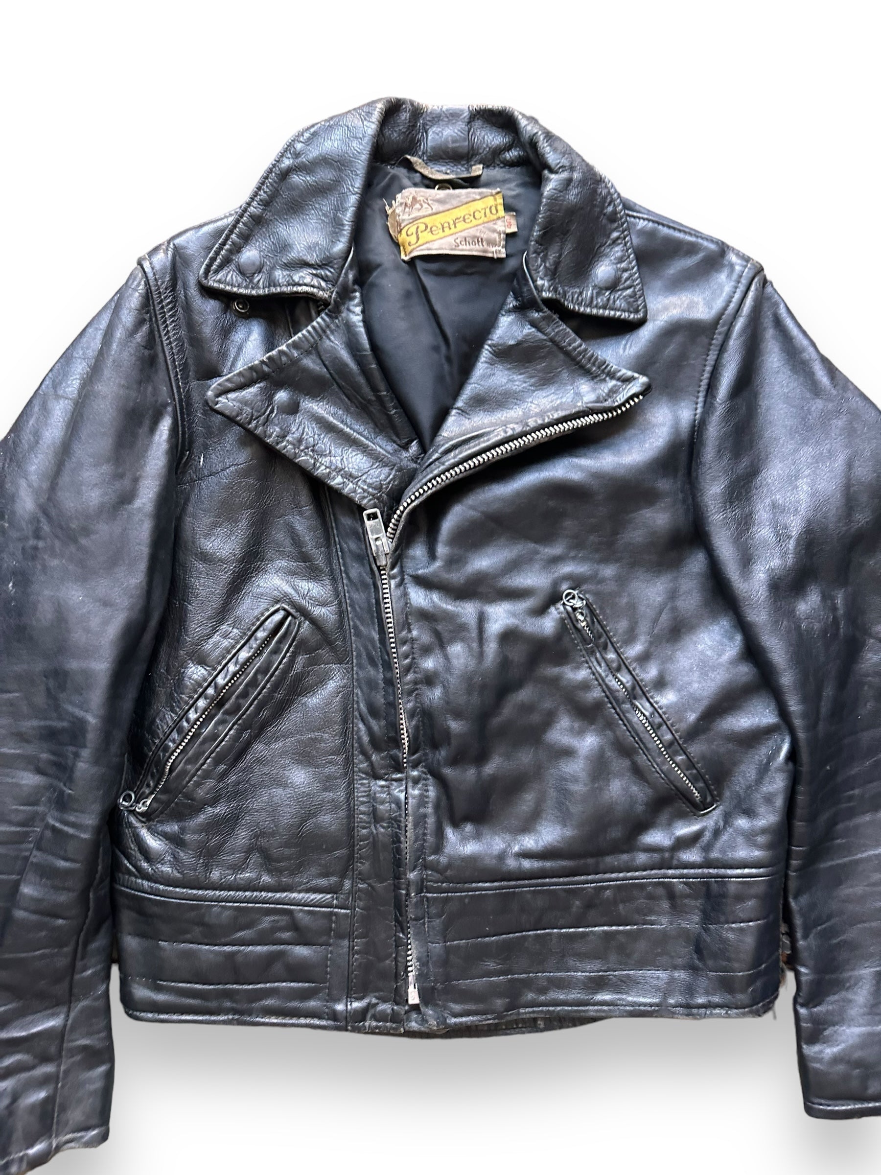 front close up of Vintage Schott Perfecto Leather Jacket SZ 40