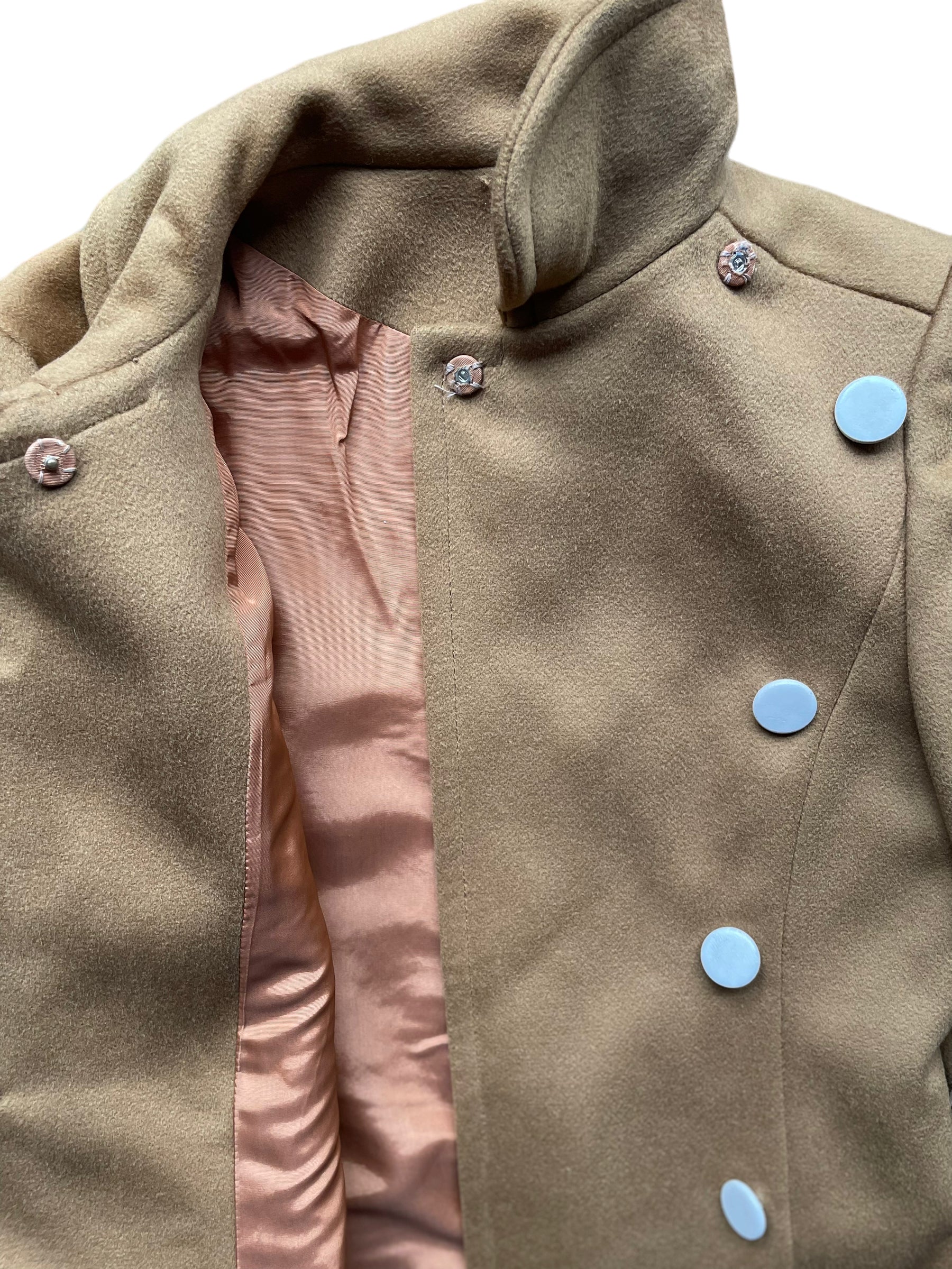 Button view of Vintage 1960s Calvin Klein Mod Camel Coat SZ S-M | Seattle True Vintage | Barn Owl Vintage Coats