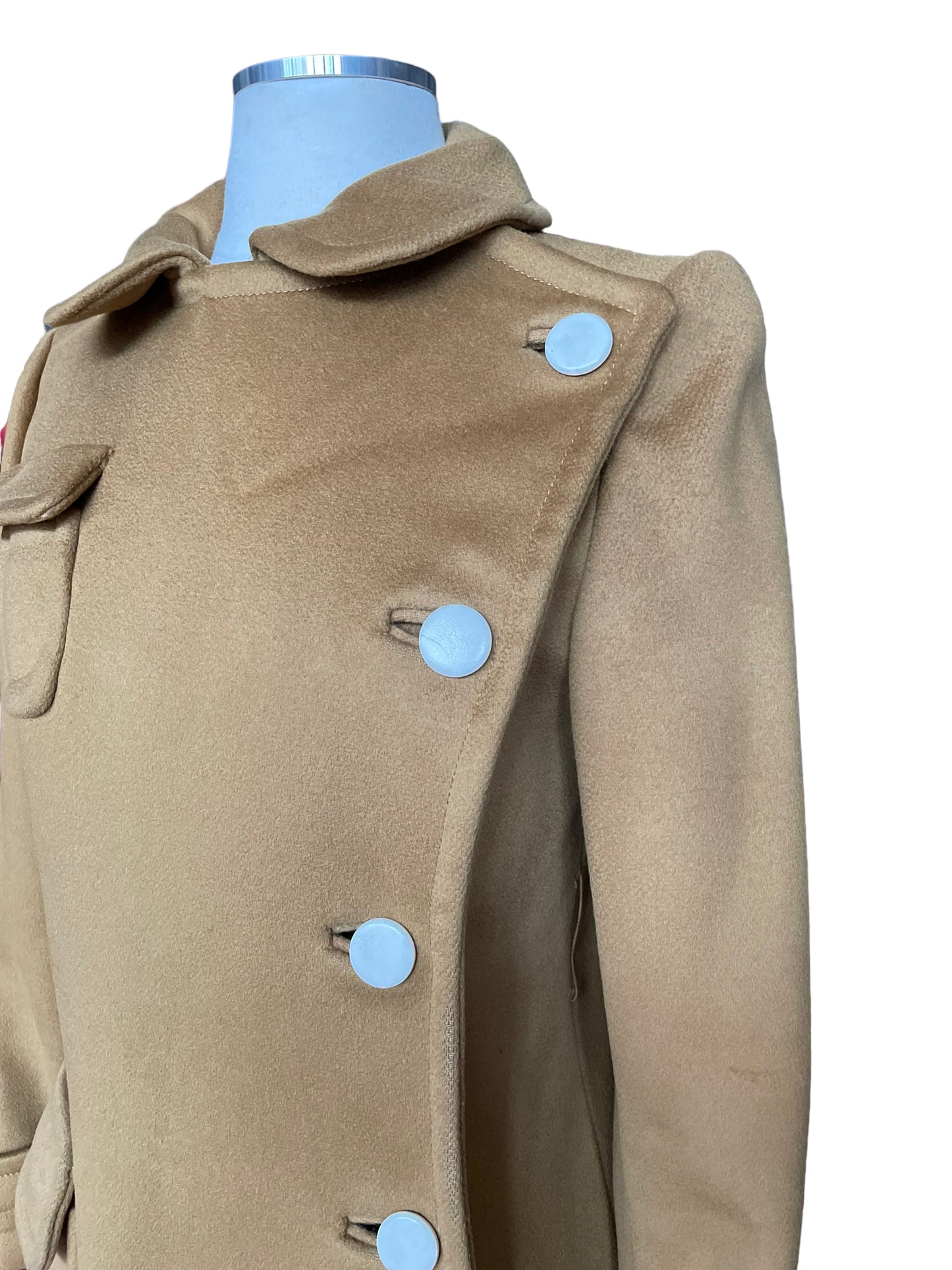 Left front shoulder vieww of Vintage 1960s Calvin Klein Mod Camel Coat SZ S-M | Seattle True Vintage | Barn Owl Vintage Coats