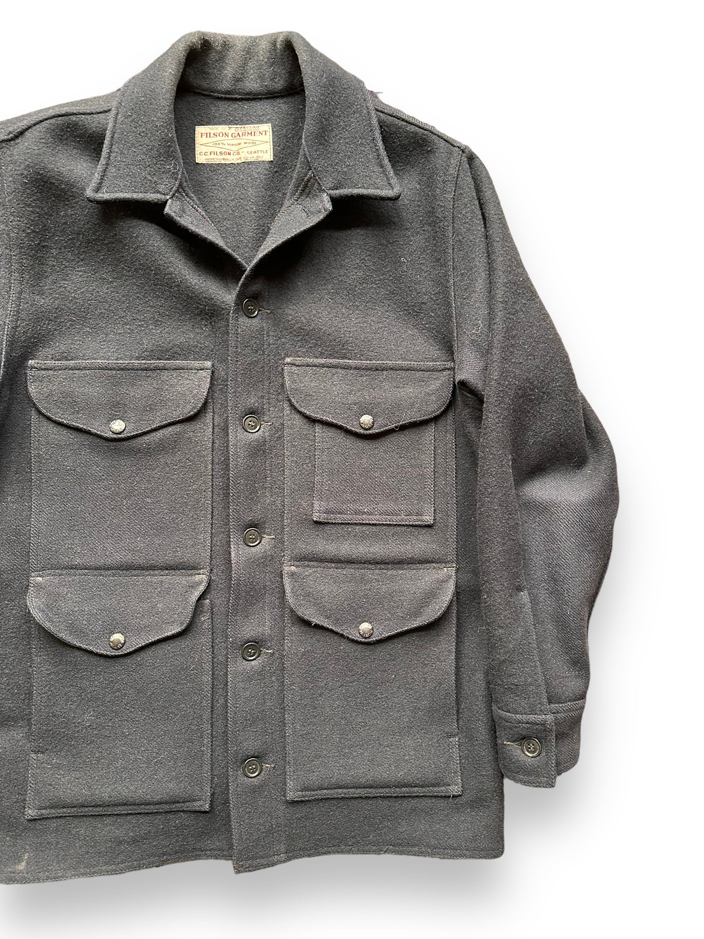 front left of Vintage Filson Black Mackinaw SZ 42 |  Barn Owl Vintage Goods | Vintage Filson Workwear Seattle