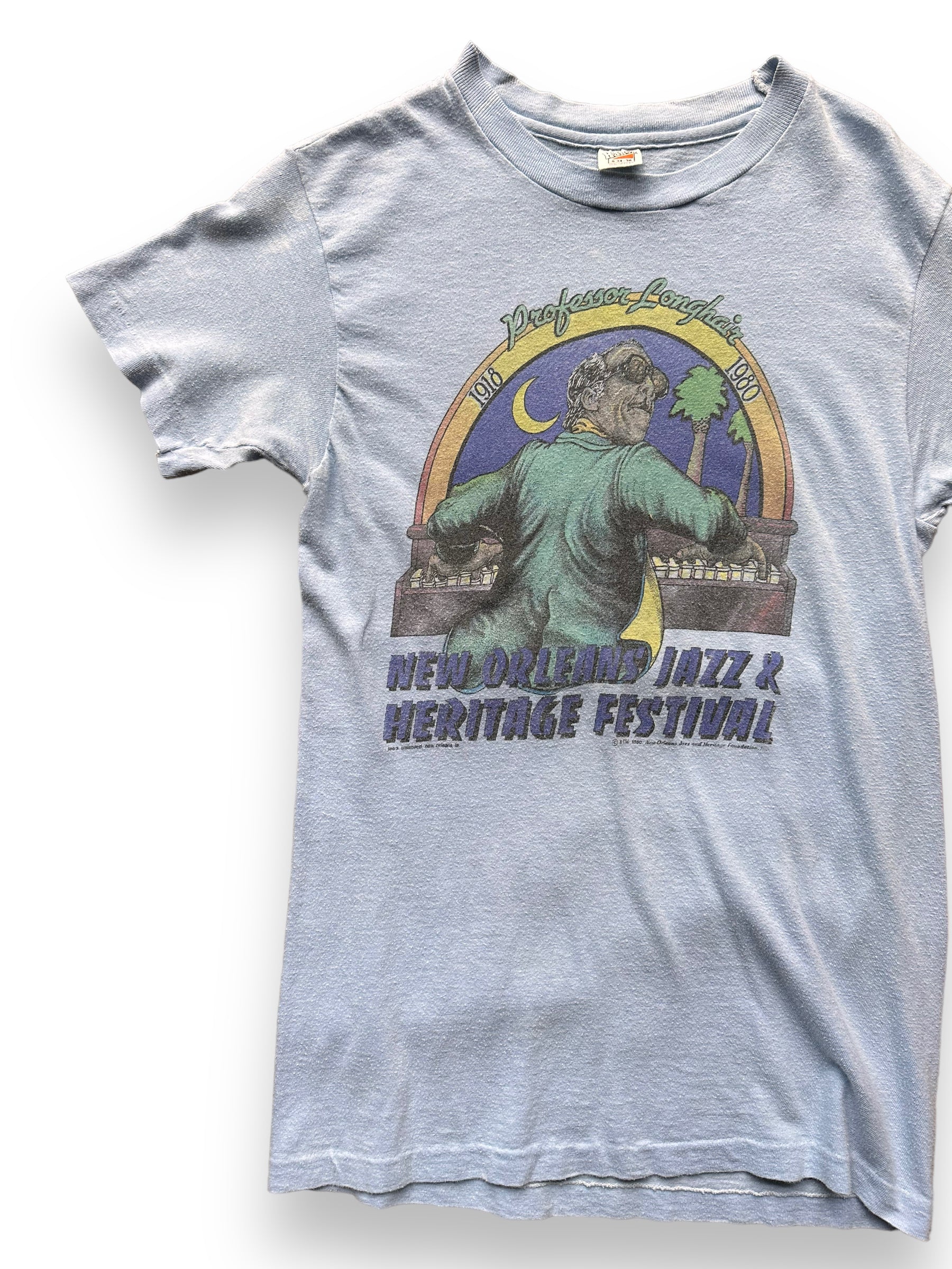 Front Right View of Vintage 1980 New Orleans Jazz & Heritage Professor Longhair Tee SZ S |  Vintage 1980 New Orleans Jazz Tee Seattle | Barn Owl Vintage