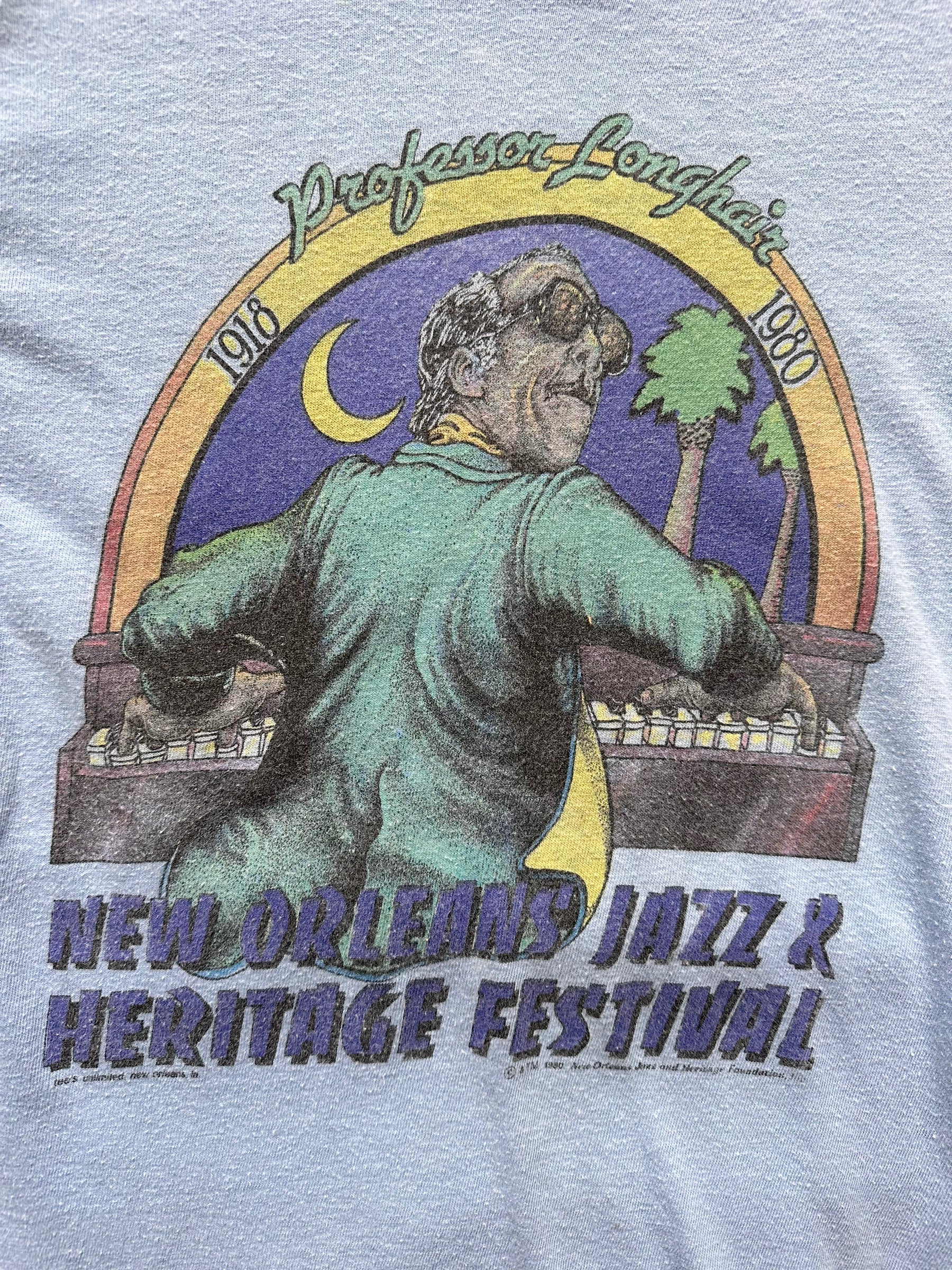 Graphic Close Up of Vintage 1980 New Orleans Jazz & Heritage Professor Longhair Tee SZ S |  Vintage 1980 New Orleans Jazz Tee Seattle | Barn Owl Vintage