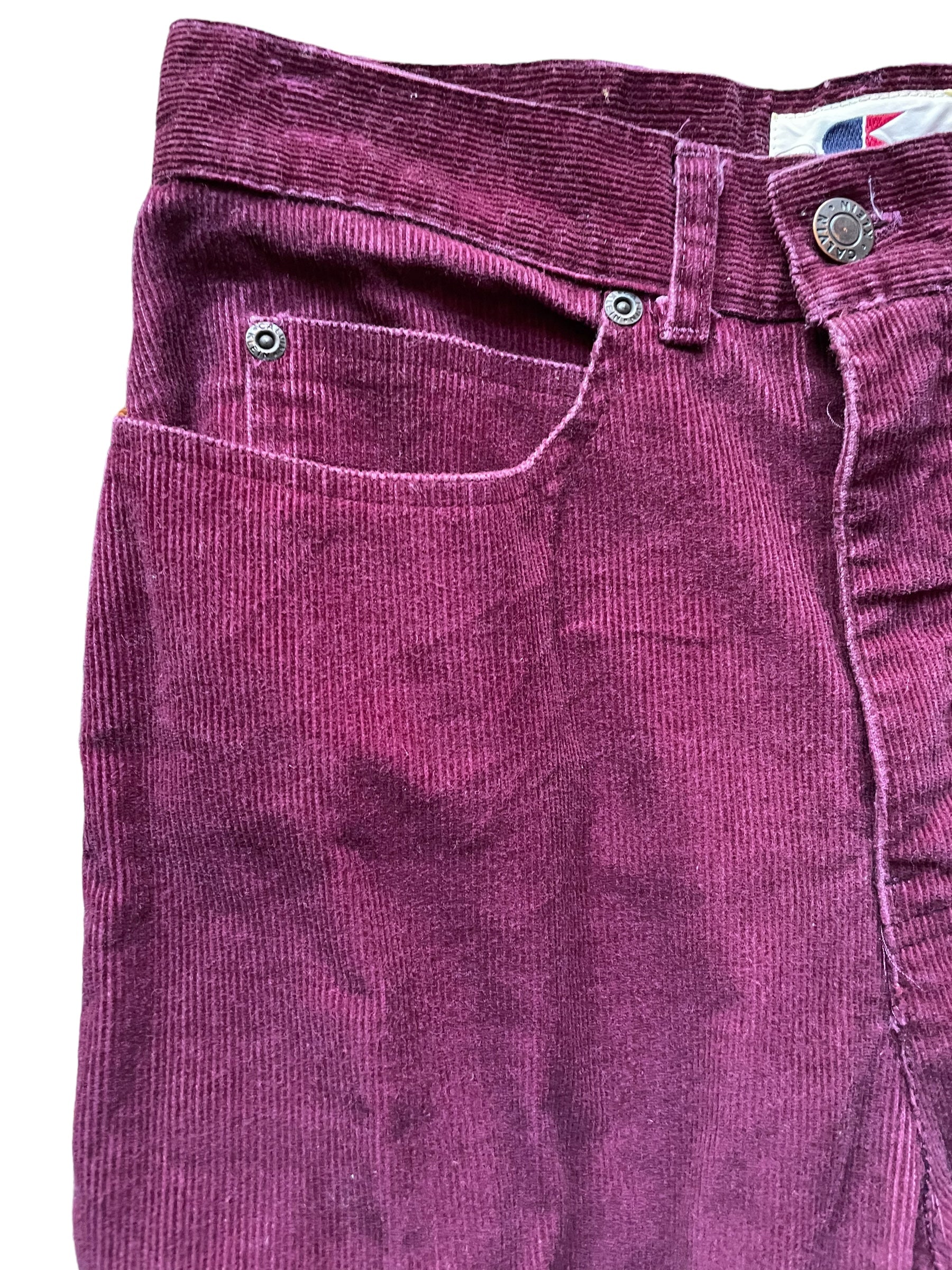 Front right side waist view of Vintage 1970s Calvin Klein Corduroy Pants W26 | Barn Owl Vintage Seattle | Vintage Corduroy Pants