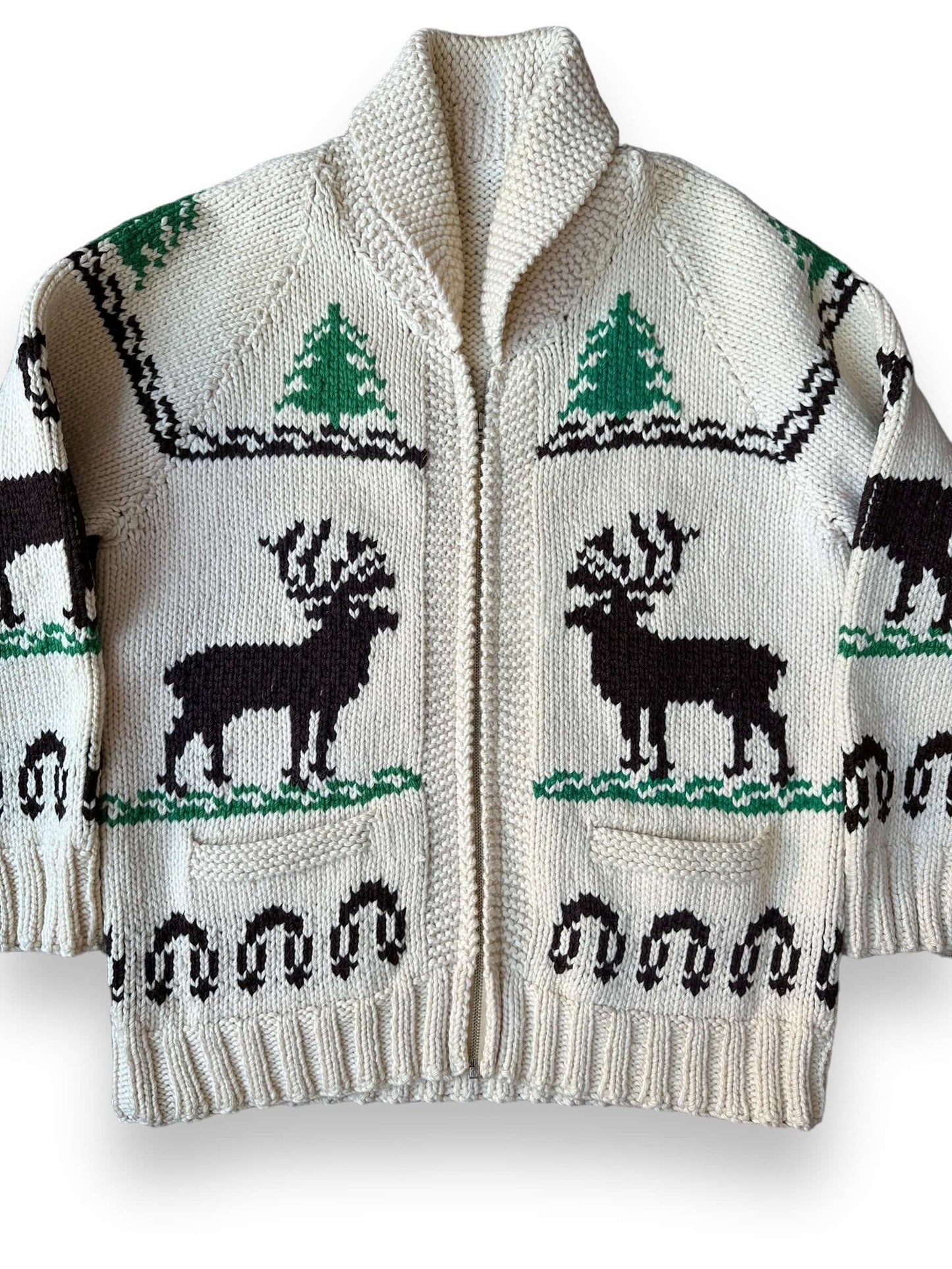 front close up of Vintage Deer Pattern Cowichan Sweater SZ L