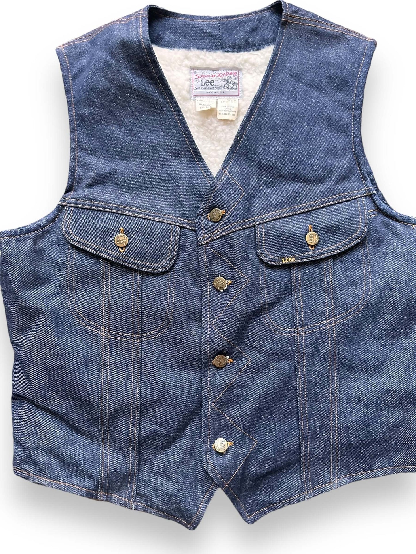 front close up of Vintage Lee Storm Rider Sherpa Lined Denim Vest SZ L