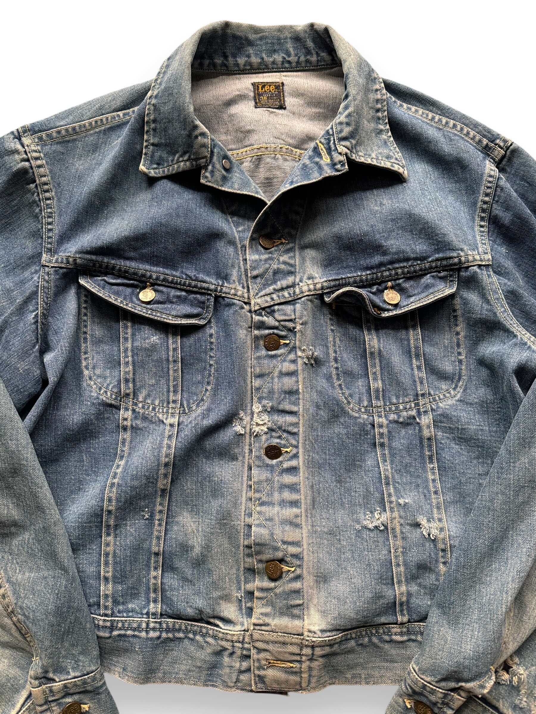 front close up of Vintage Visibly Repaired Lee 101-J Jacket SZ 48