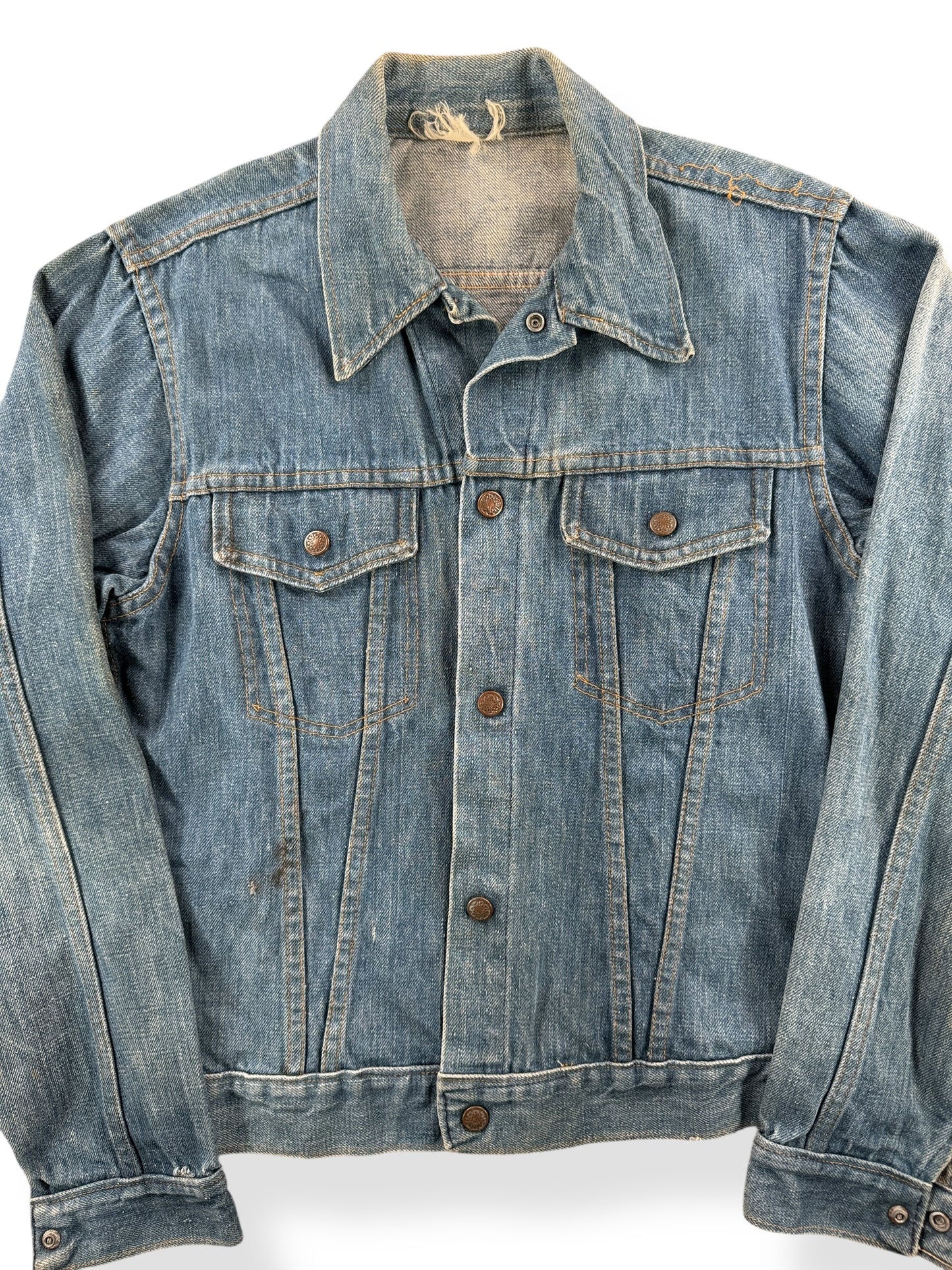 Front Close Up of Vintage Homemade Denim Trucker Jacket SZ S