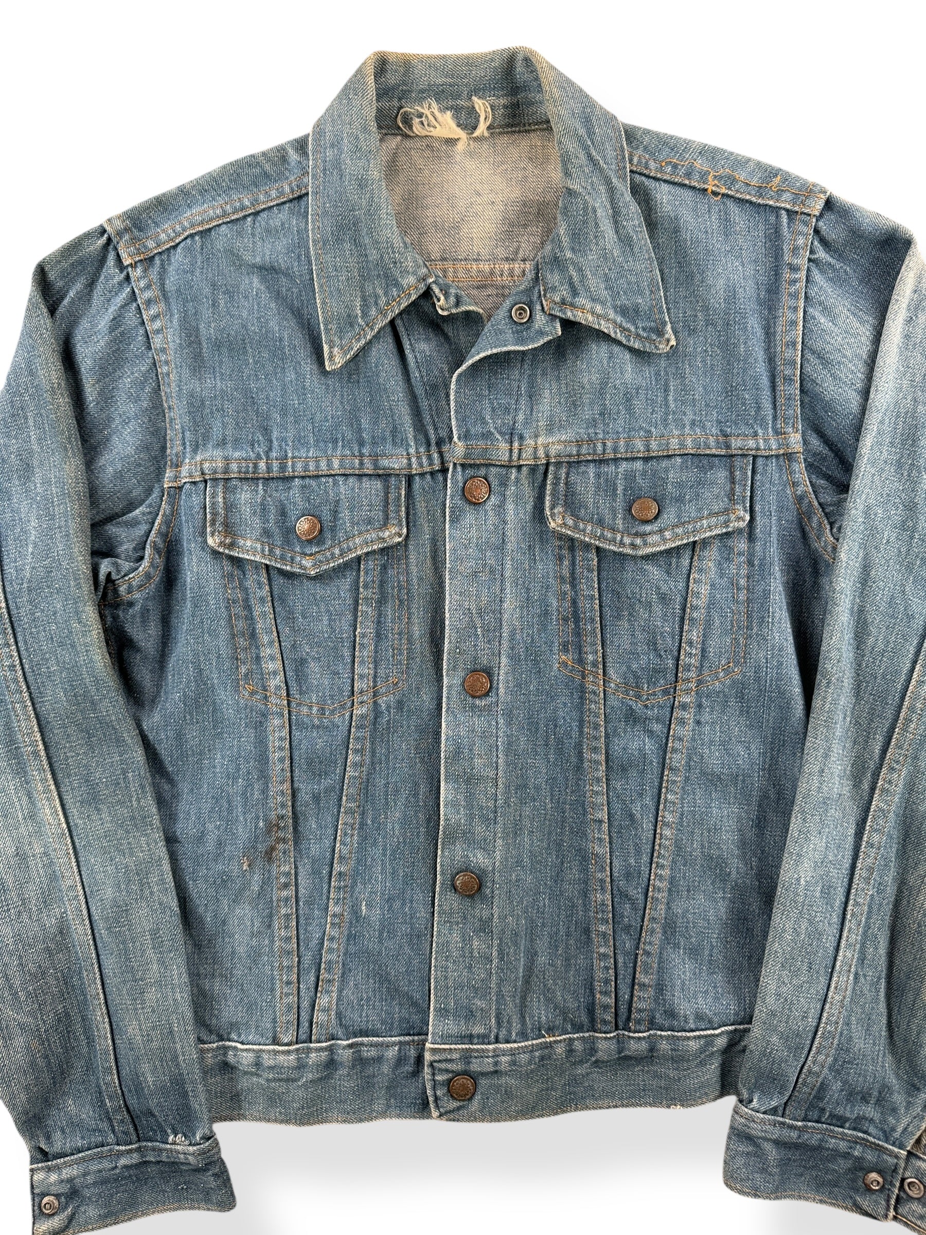 Front Close Up of Vintage Homemade Denim Trucker Jacket SZ S