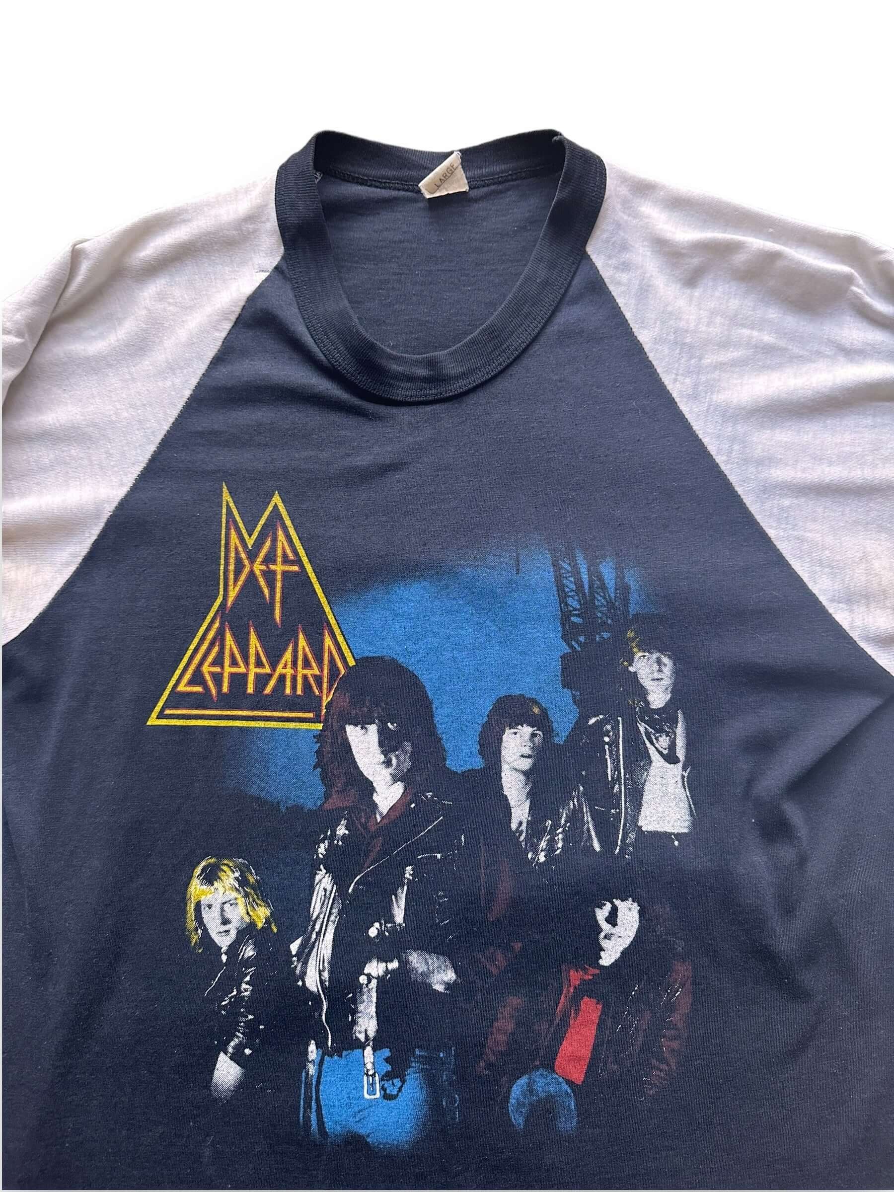 front close up of Vintage Def Leppard "Rock Brigade" Raglan Band Tee Shirt SZ L