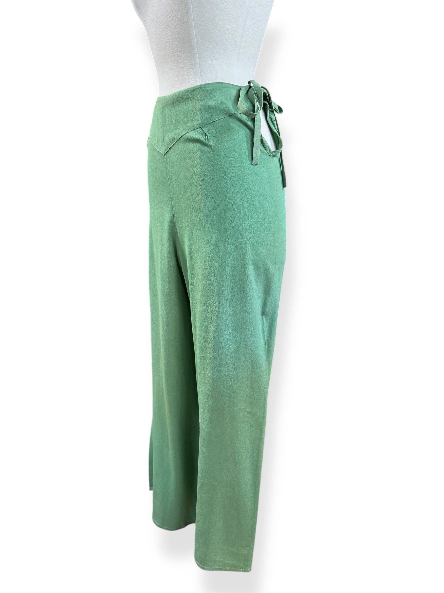 Side view of 1930s Sage Green Rayon Lounge Pants S