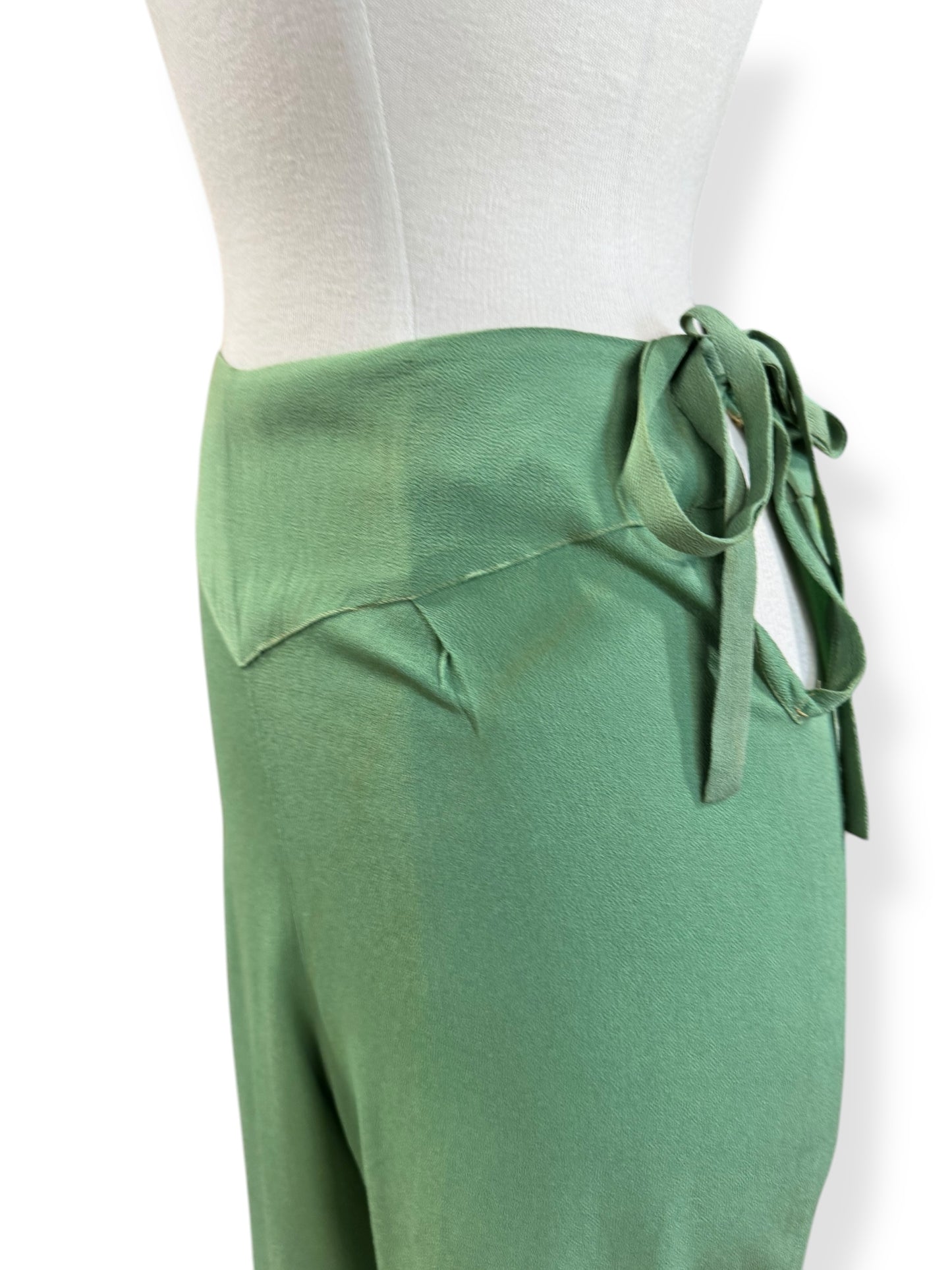 Side view of 1930s Sage Green Rayon Lounge Pants S