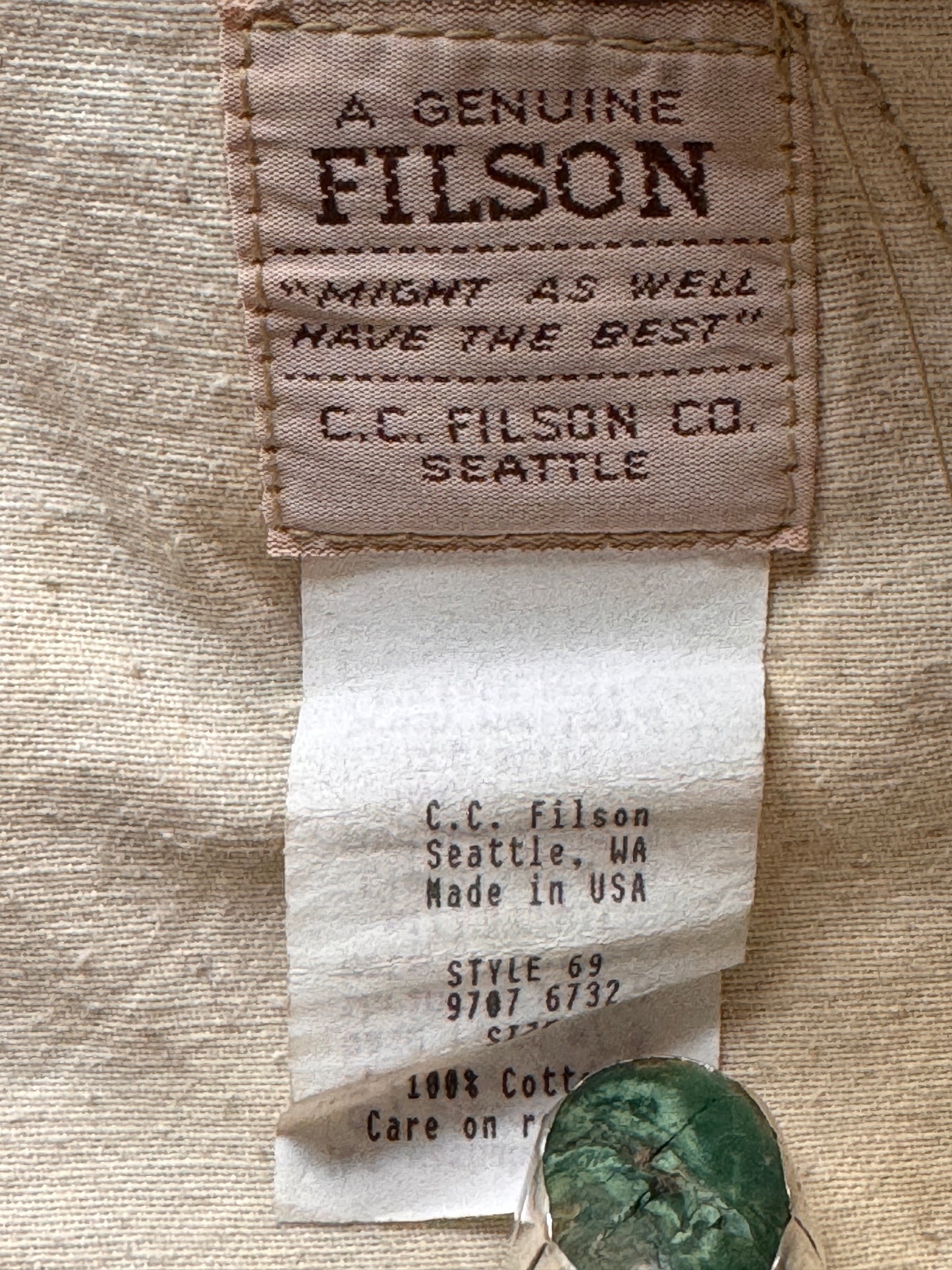 Tag View of Vintage Filson Single Tin Trousers W34