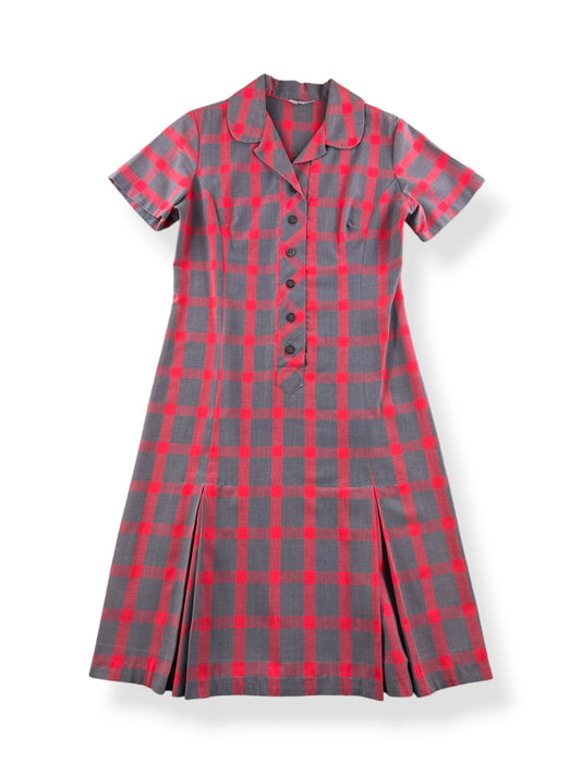 Front of Vintage 60s Grey/Red Windowpane Drop Waist Dress SZ M