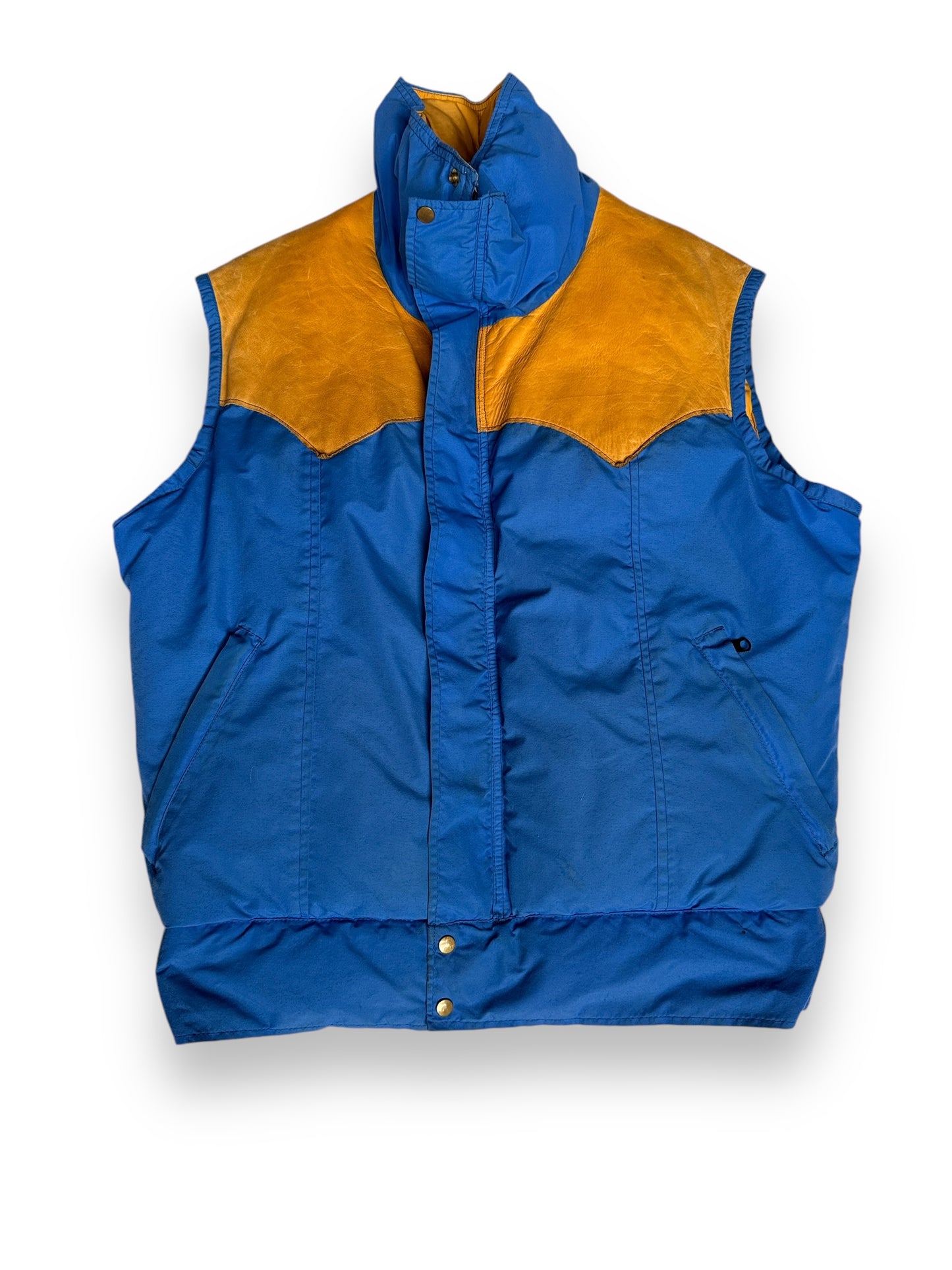 Front View of Vintage Blue & Yellow Rocky Mountain Featherbed Down Vest SZ SZ L