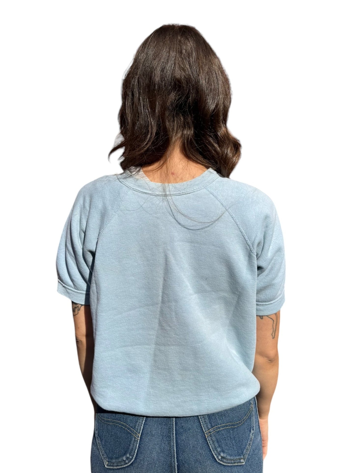 Rear View of Vintage Robin's Egg Blue Short Sleeve Crewneck SZ L